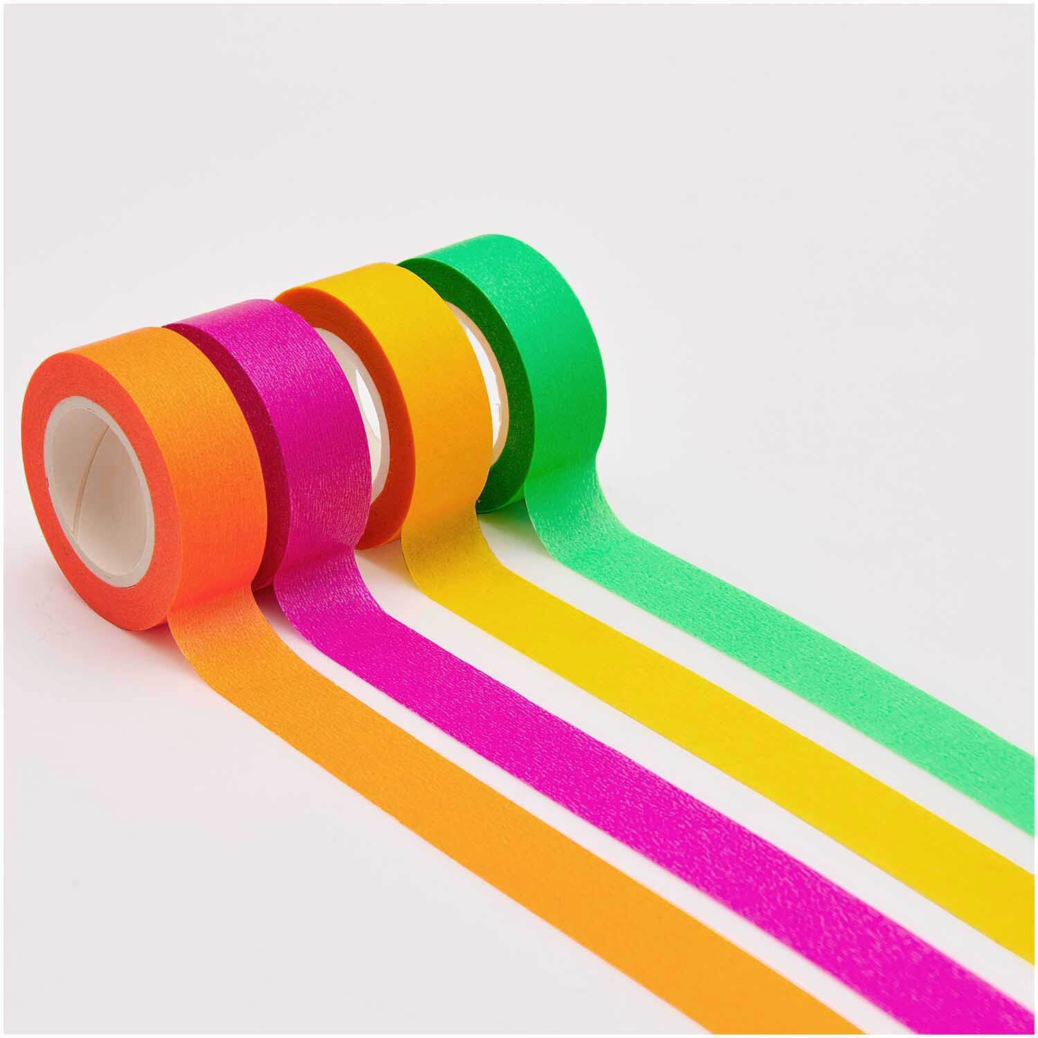 Paper Poetry Tape Set Neon klassisch 15mm 10m, 4-teilig, zeigt bunte Klebebänder in Orange, Pink, Grün und Gelb auf weißem Hintergrund.