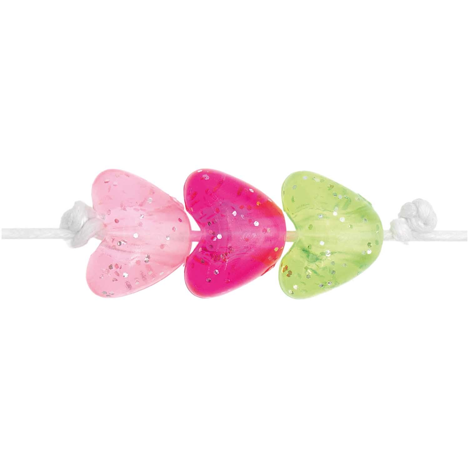 itoshii Herzperlen in Rosa und Neon mit Glitzer von Rico Design, 9x11x8mm, 24 Stück. Drei Herzperlen auf einer Schnur.
