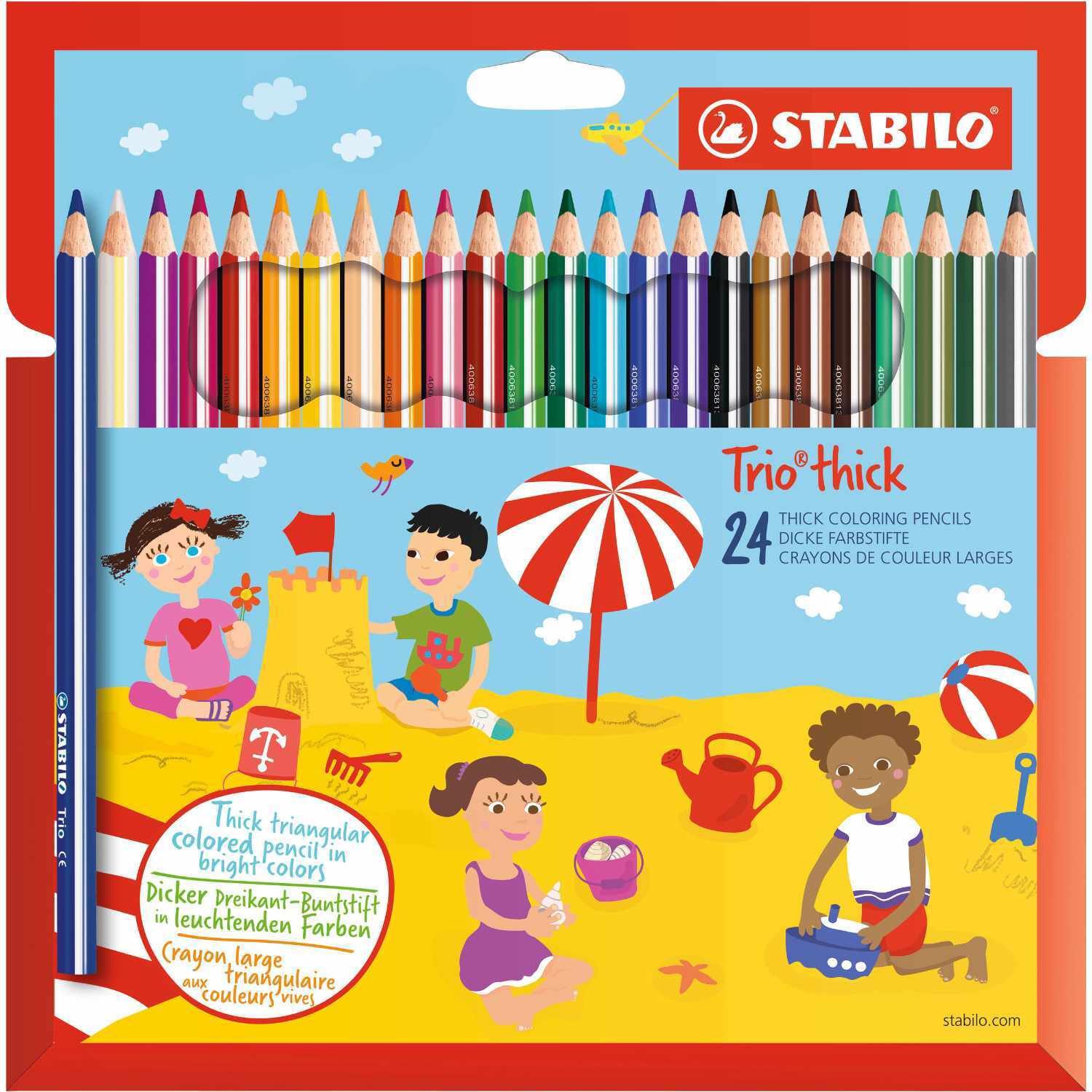 Trio Dick Buntstifte von STABILO, 24 Stück in leuchtenden Farben, ideal für kreative Kinder am Strand.