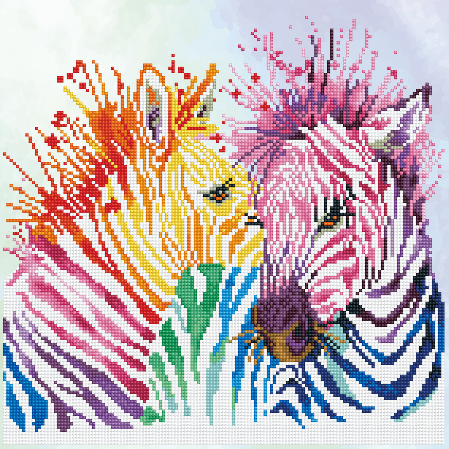 Diamond Painting Regenbogen Zebras: Buntes Mosaikbild mit zwei Zebras in leuchtenden Regenbogenfarben.