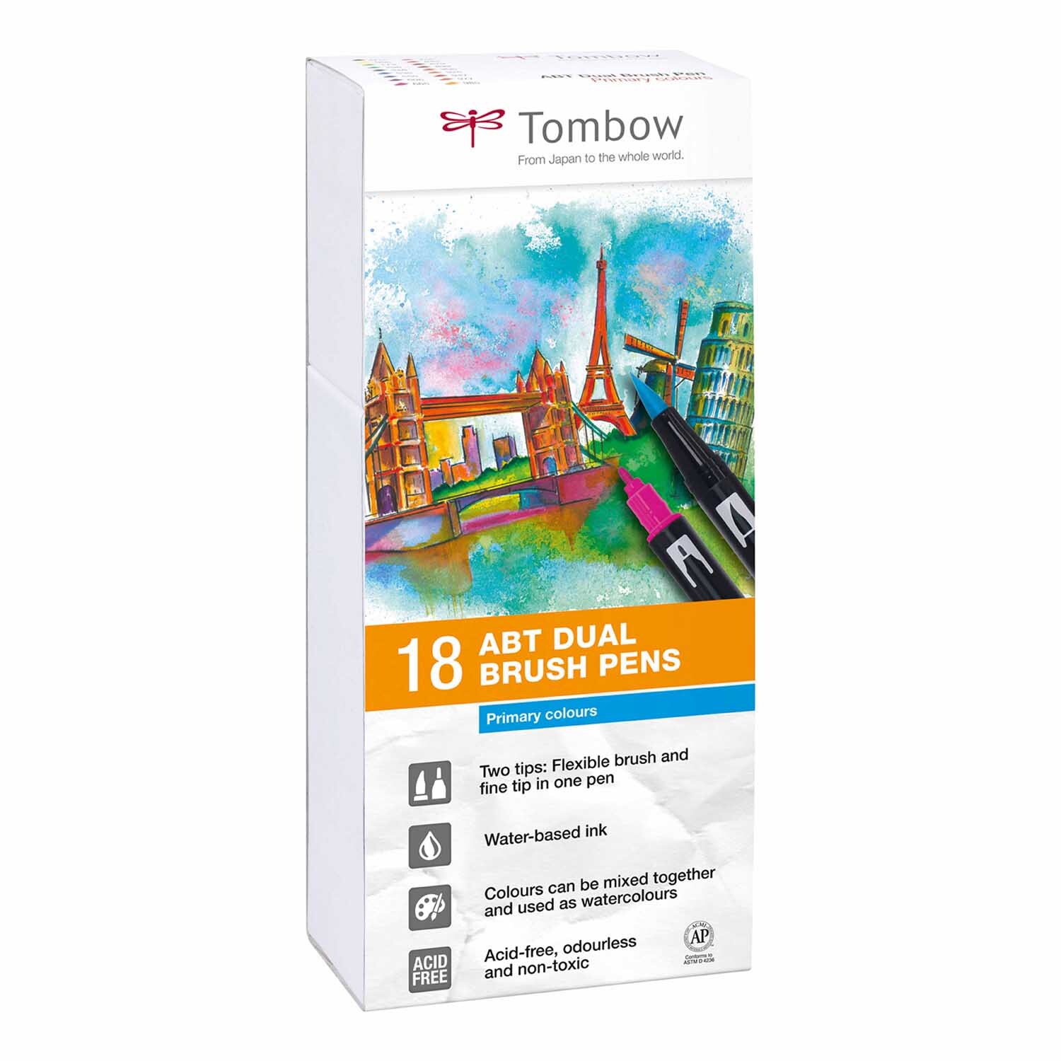 ABT Dual Brush Pen Primärfarben 18er Set von Tombow, zeigt bunte Stifte vor einer Stadtlandschaft.
