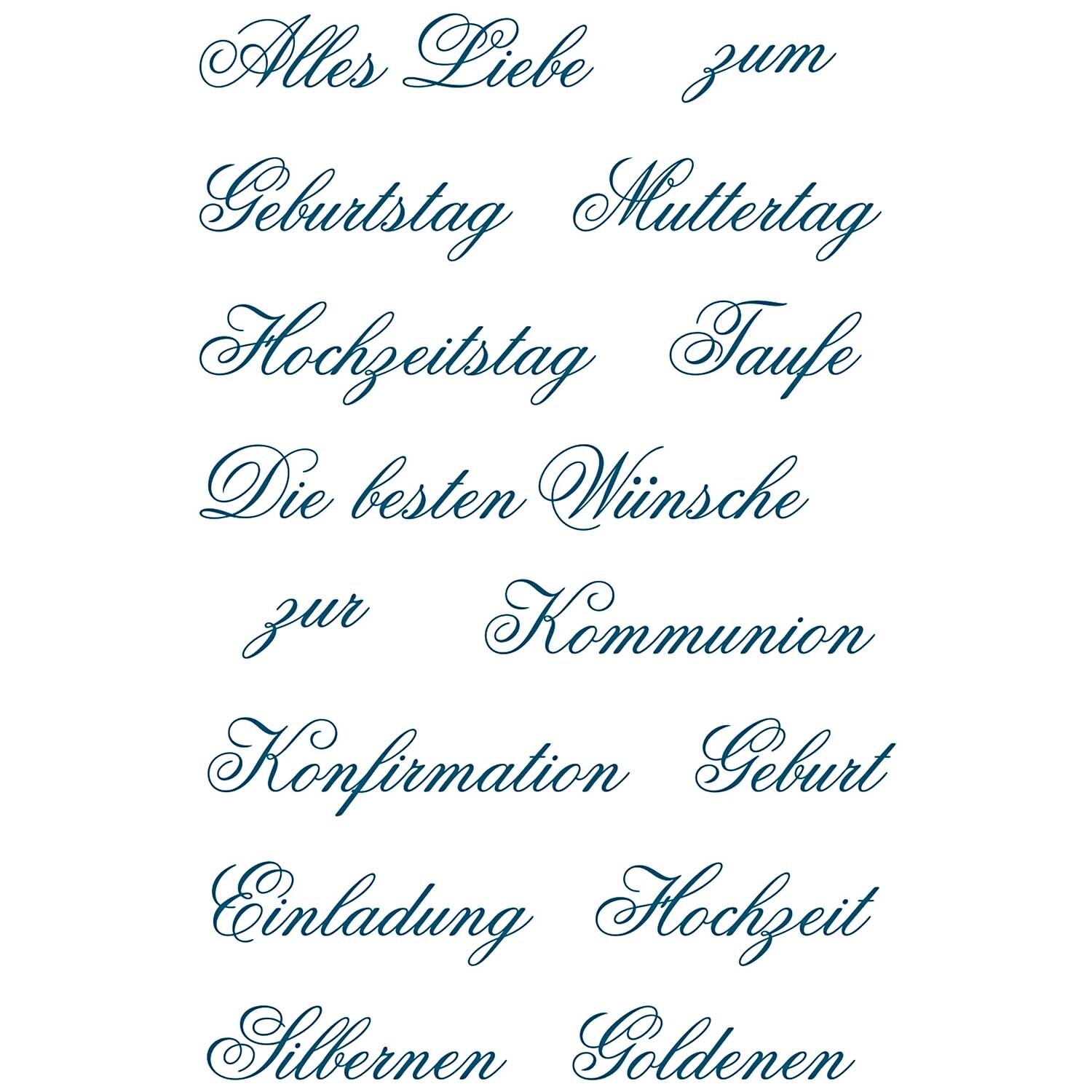 Paper Poetry Silikonstempel Familienfeste mit 15 Motiven für Anlässe wie Geburtstag, Hochzeit und Taufe in eleganter Schrift von Rico Design.