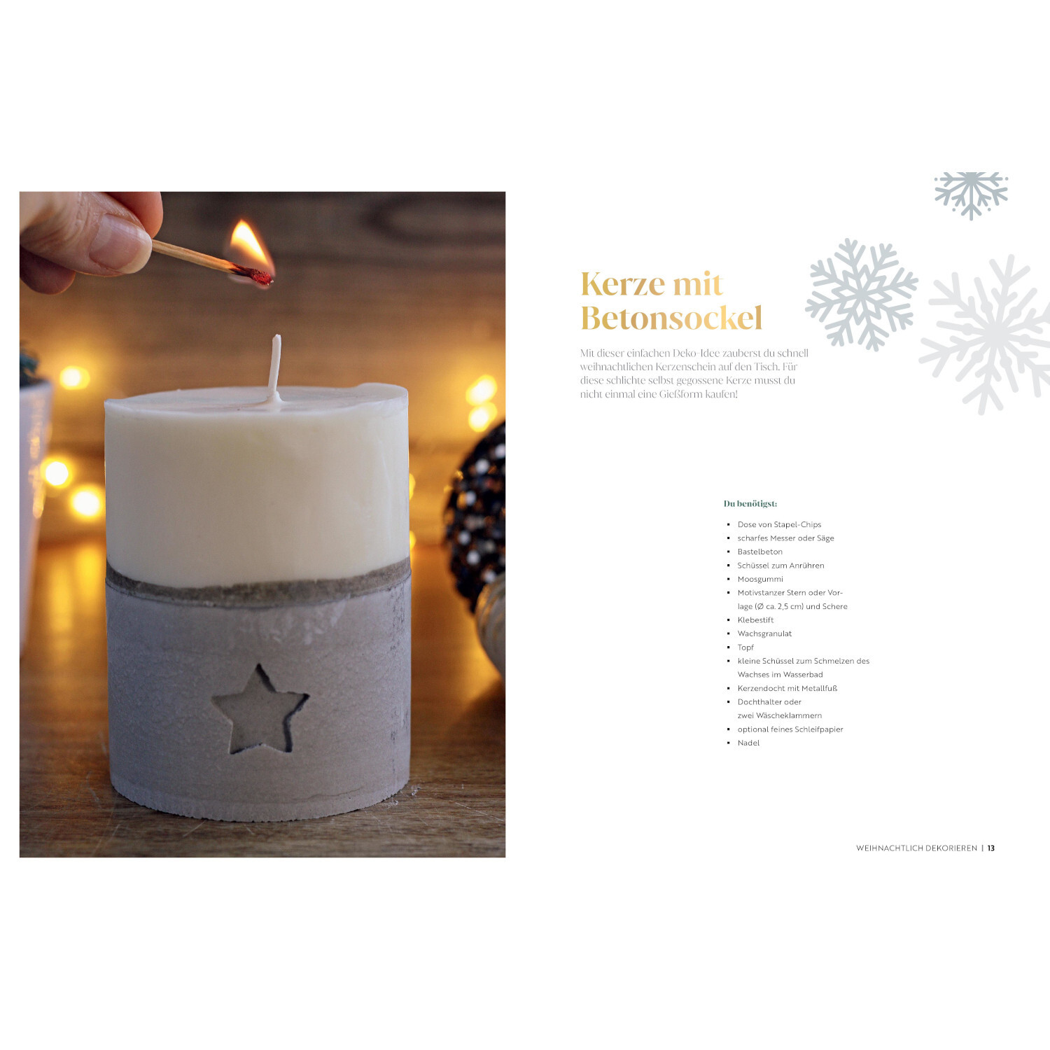 Zauberhafte Weihnachtsdeko selbstgemacht: Weiße Kerze mit Betonsockel und Sternmotiv, präsentiert vom Christophorus Verlag.