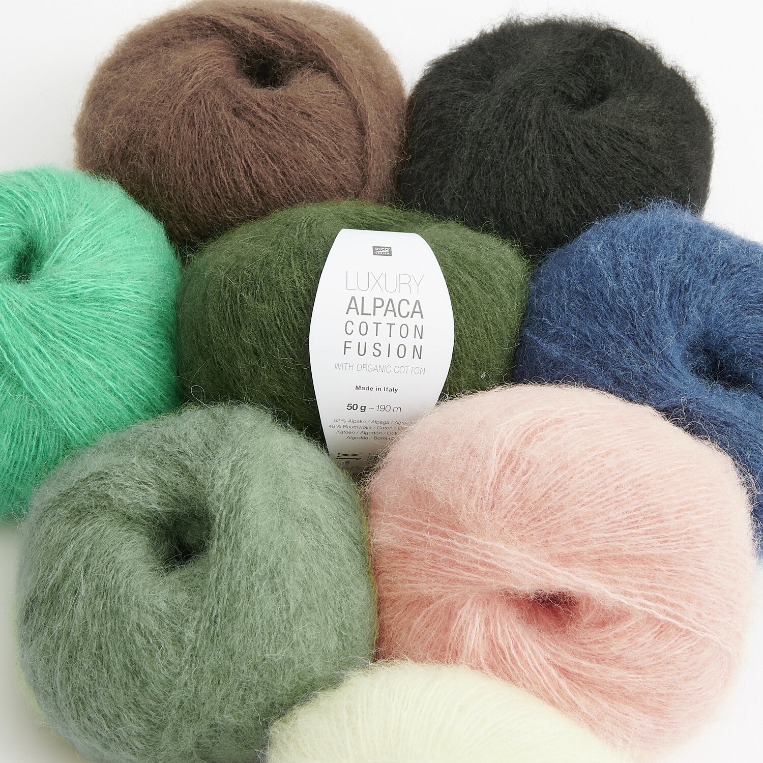 Luxury Alpaca Cotton Fusion Sortiment I 80-teilig. Weiche Garne in Creme, Apricot, Nougat, Blau, Türkis, Aloe, Oliv und Schwarz.