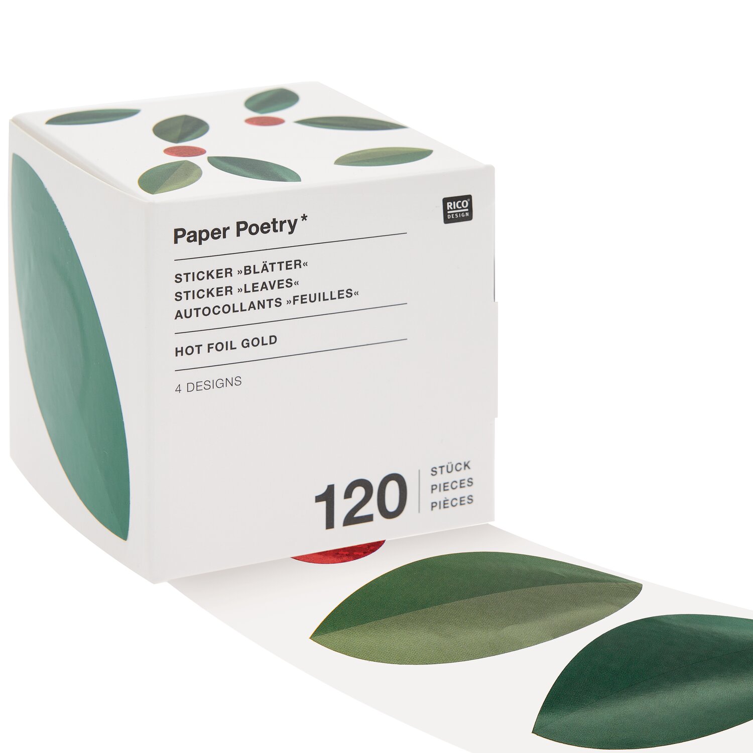 Paper Poetry Sticker Blätter 5,5cm 120 Stück auf der Rolle, dekorative Blattmotive in Grün von Rico Design in Spenderbox, ideal zum kreativen Gestalten