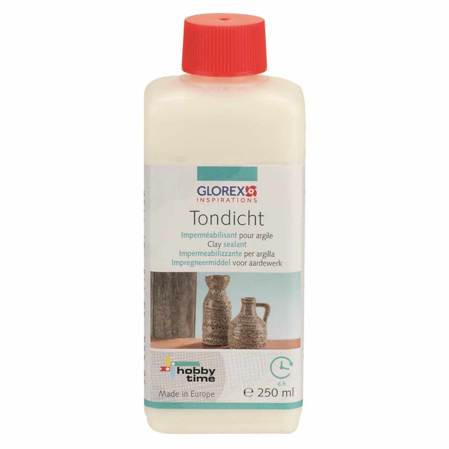 Tondicht 250ml von Glorex: Weiße Flasche mit rotem Deckel, ideal zum Abdichten von Tonarbeiten.