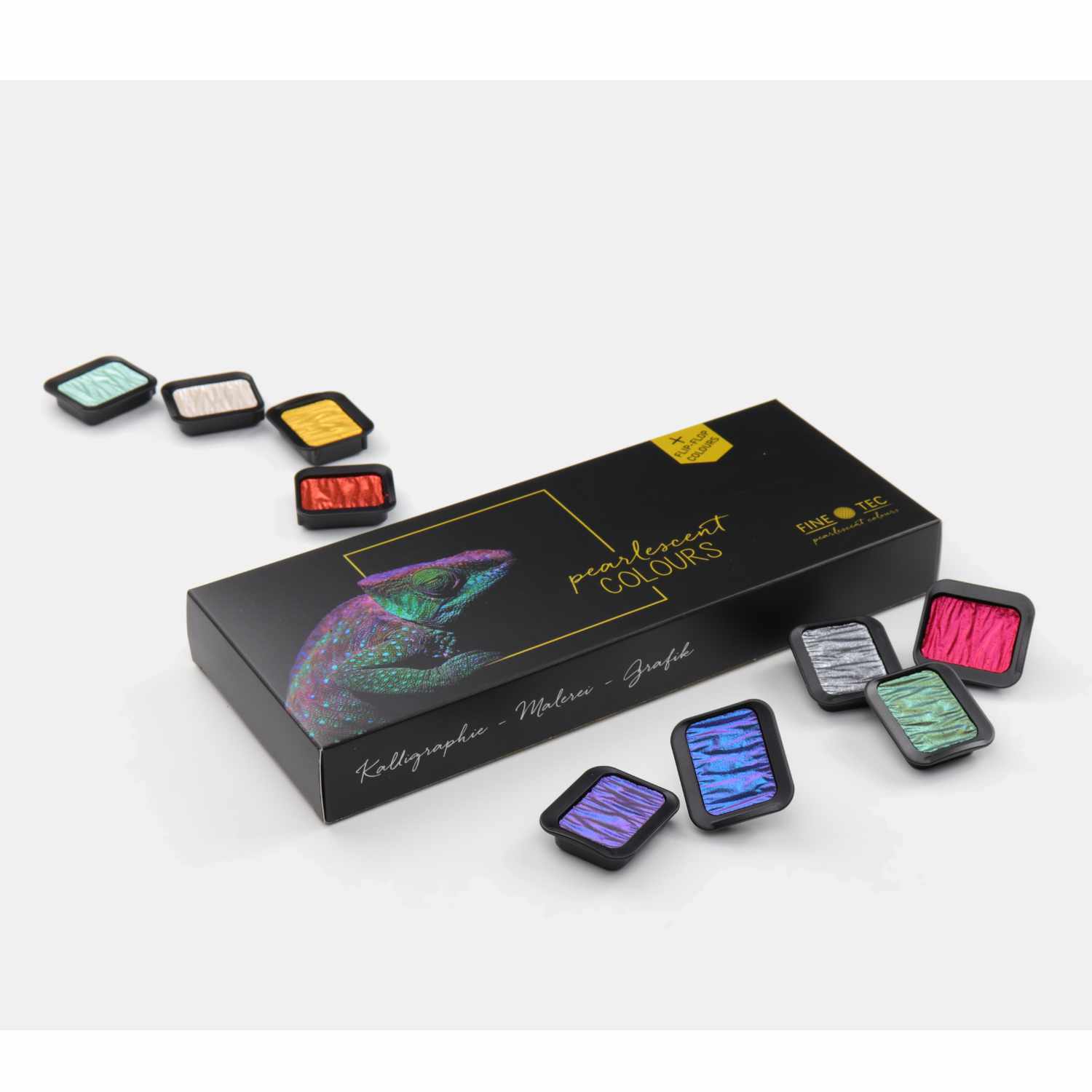 Perlglanzfarben Metals im Metallkasten Essential 24 Farben von FINETEC, mit schimmernden Farbtönen und eleganter Verpackung. Ideal für kreative Projekte.