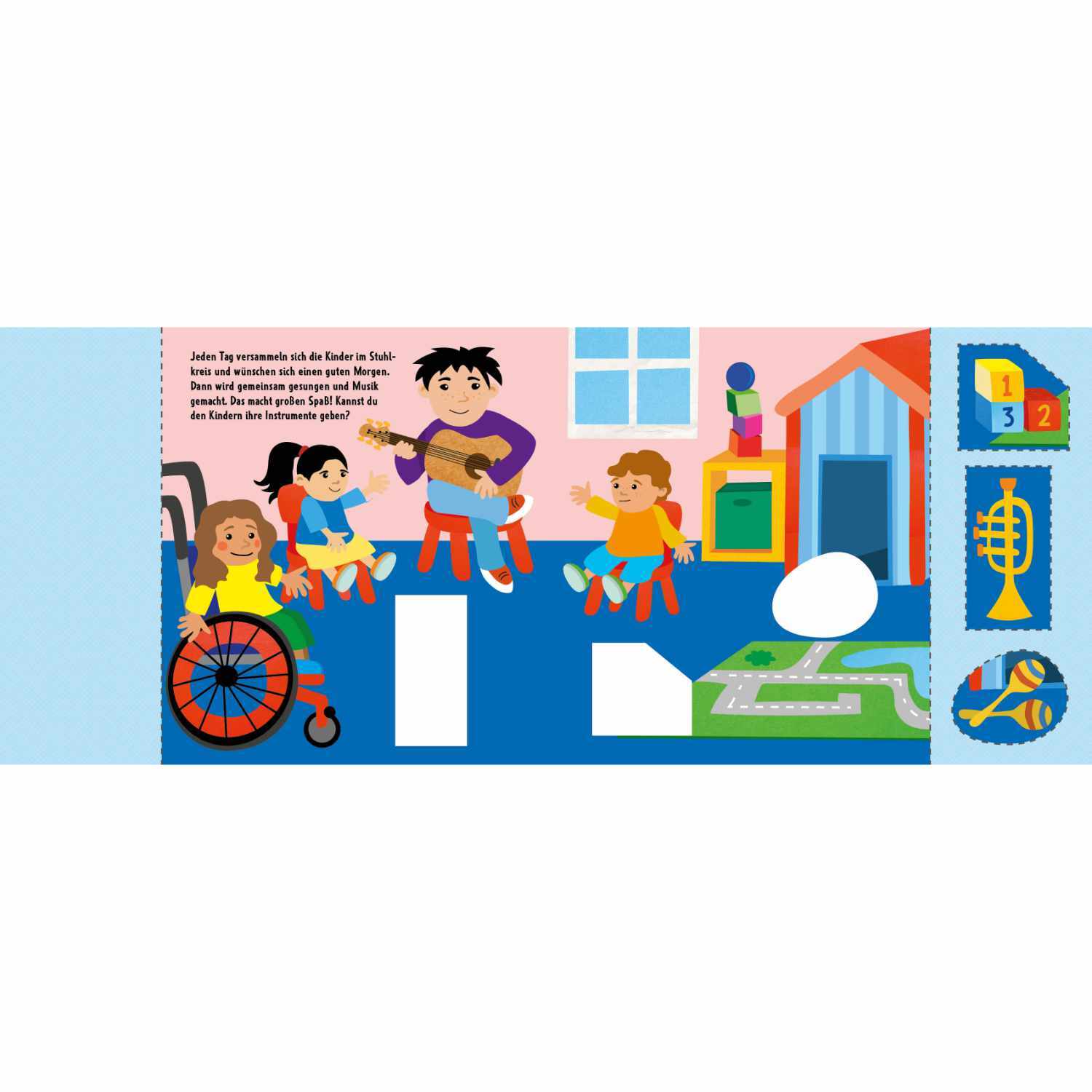 Schnipp, schnipp, hurra! Mein erstes Papierschneidebuch zeigt Kinder beim Basteln im Kindergarten.