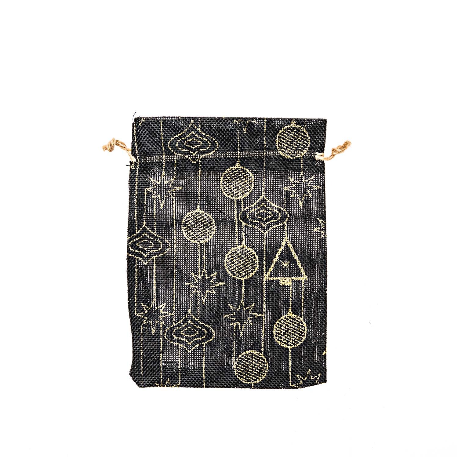 Beutel in Juteoptik X-Mas schwarz mit goldenen Weihnachtsmotiven, ideal für festliche Dekorationen.