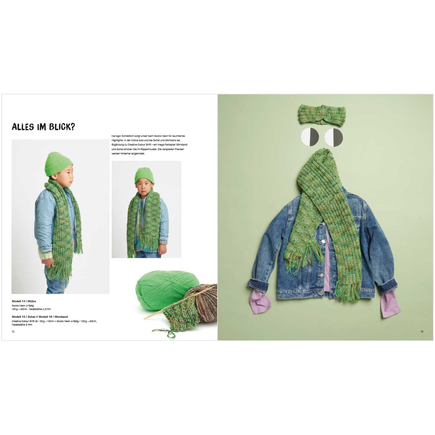 Kids Nr.12: Strickset mit grünem Schal, Mütze und Jeansjacke von Rico Design auf grünem Hintergrund.