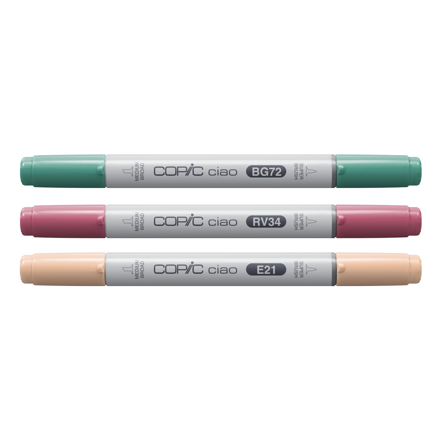 Marker Set Ciao Layer & Mix Vibrant Palette 3 Stück zeigt drei Copic Marker in Grün, Rosa und Beige.