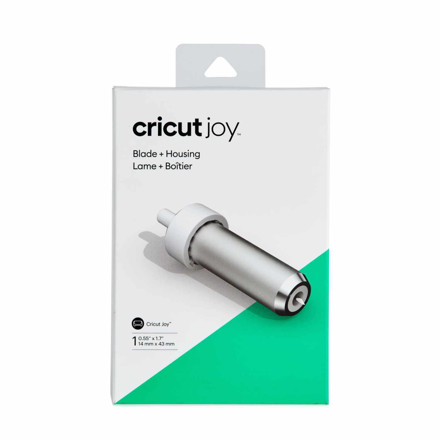 Joy Blade and Housing Ersatzklinge mit Halterung in Verpackung, silber, von Cricut, auf weißem Hintergrund.