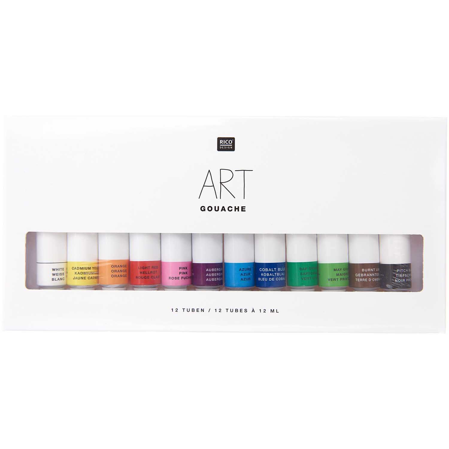 ART Gouache Set Basic 12x 12ml von Rico Design zeigt 12 bunte Gouache-Farbtuben in einer weißen Verpackung.