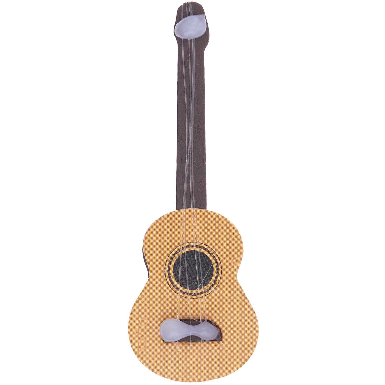 Miniatur Gitarre 2,5x6,5x1cm von Rico Design, zeigt eine detailreiche, kleine Akustikgitarre mit hellbraunem Korpus und dunklem Hals.