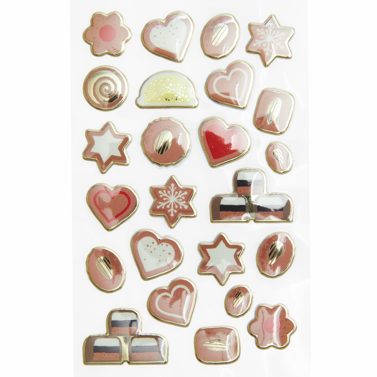 Paper Poetry Puffy Sticker Cookies 1 Bogen mit goldenen Umrandungen und pastellfarbenen Motiven wie Herzen, Sterne und Schneeflocken.