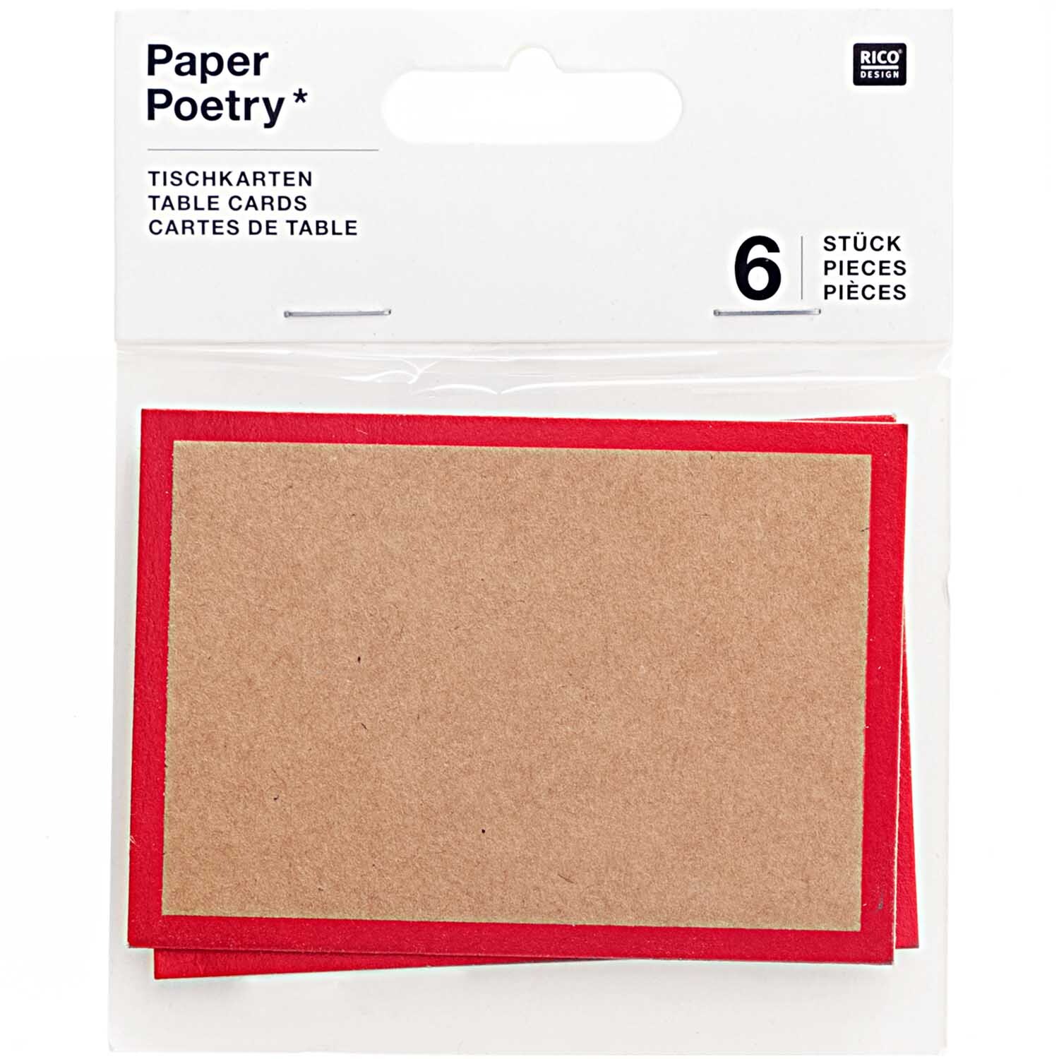 Paper Poetry Tischkarten, 6 Stück, aus Kraftpapier mit rotem Rand, ideal für elegante Tischdekorationen.