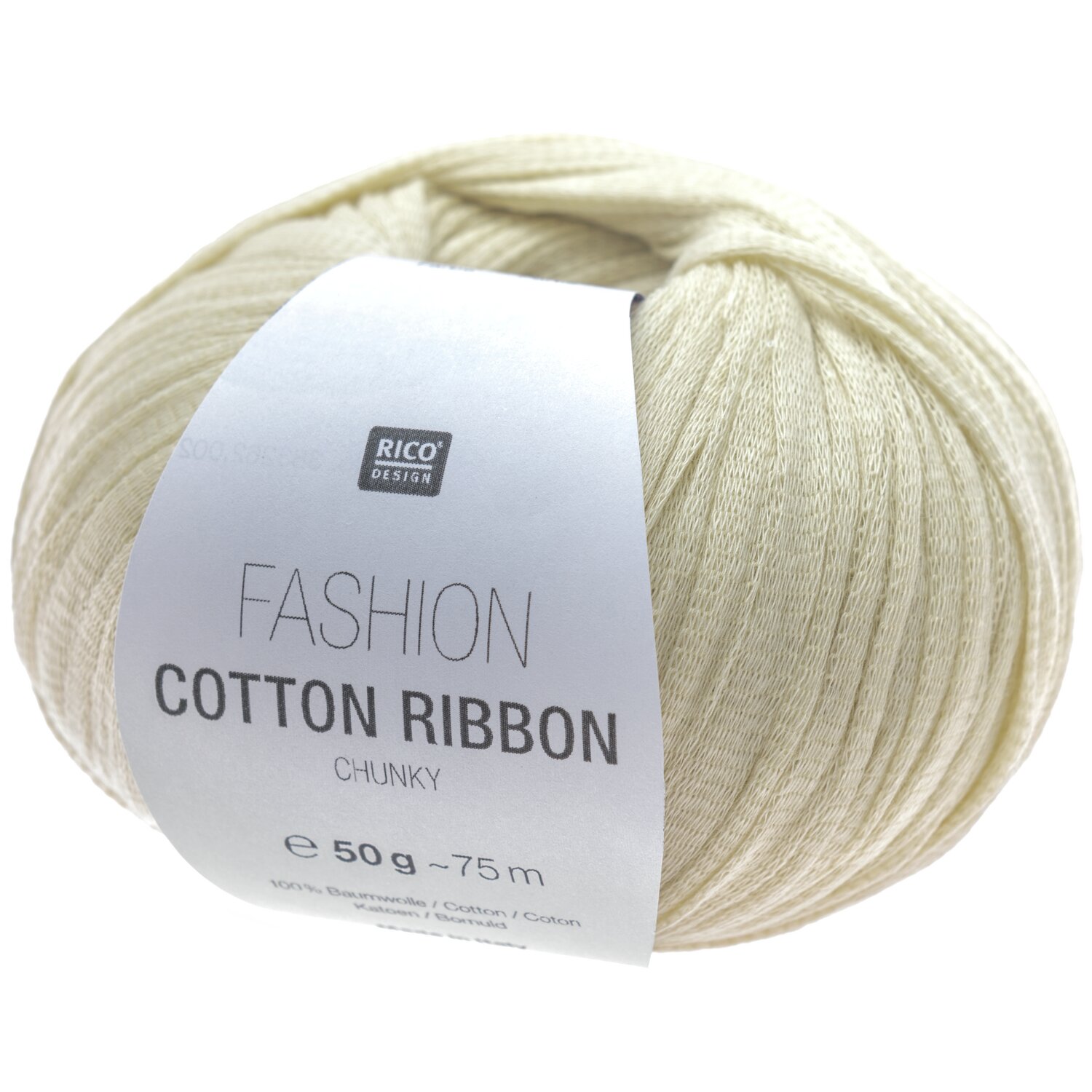 Fashion Cotton Ribbon Chunky in Pastellgelb von Rico Design, 50g 75m, ideal für Strickprojekte.