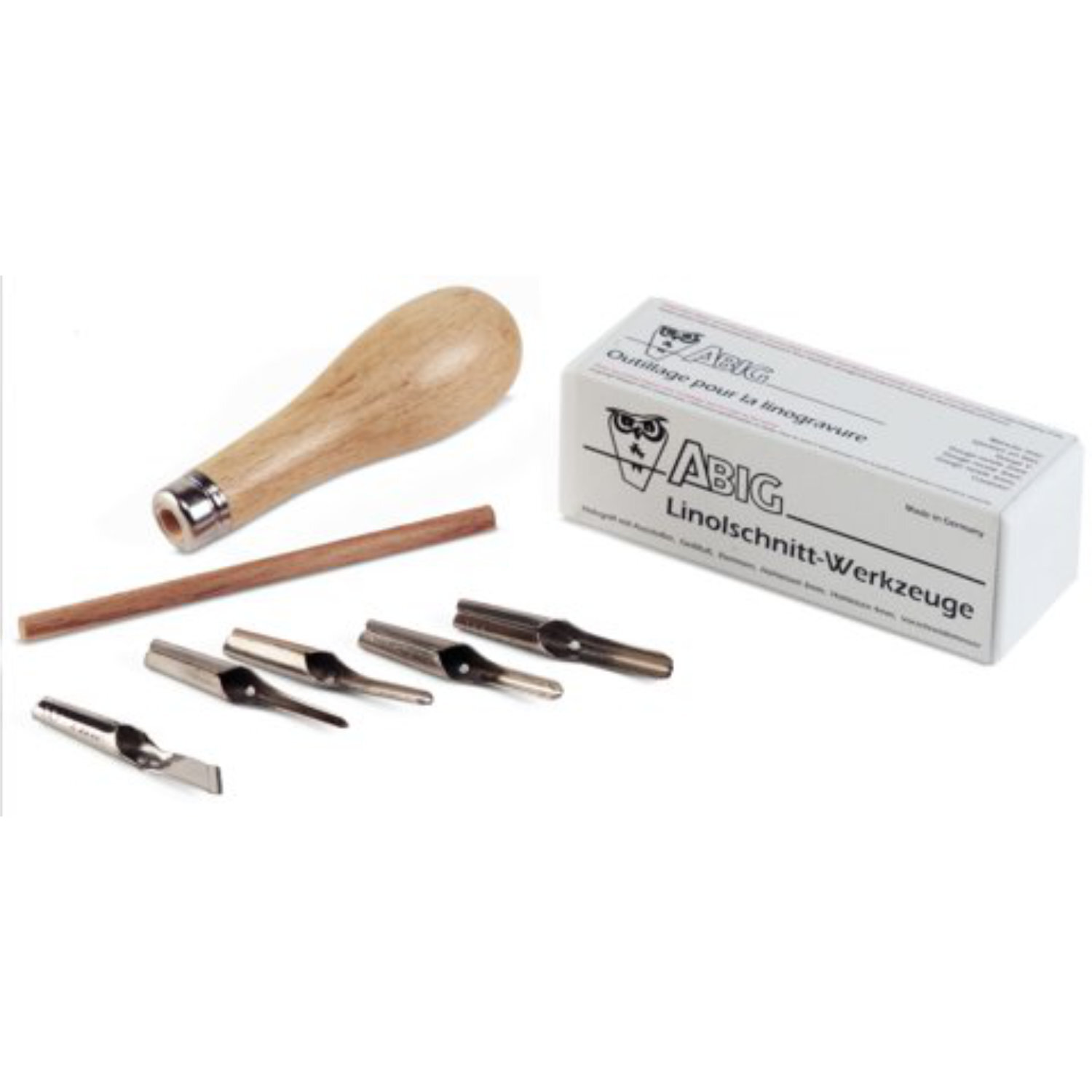 Linolschnittset: Sechsteiliges Set mit Holzgriff und verschiedenen Klingen, ideal für kreative Linolschnittarbeiten.