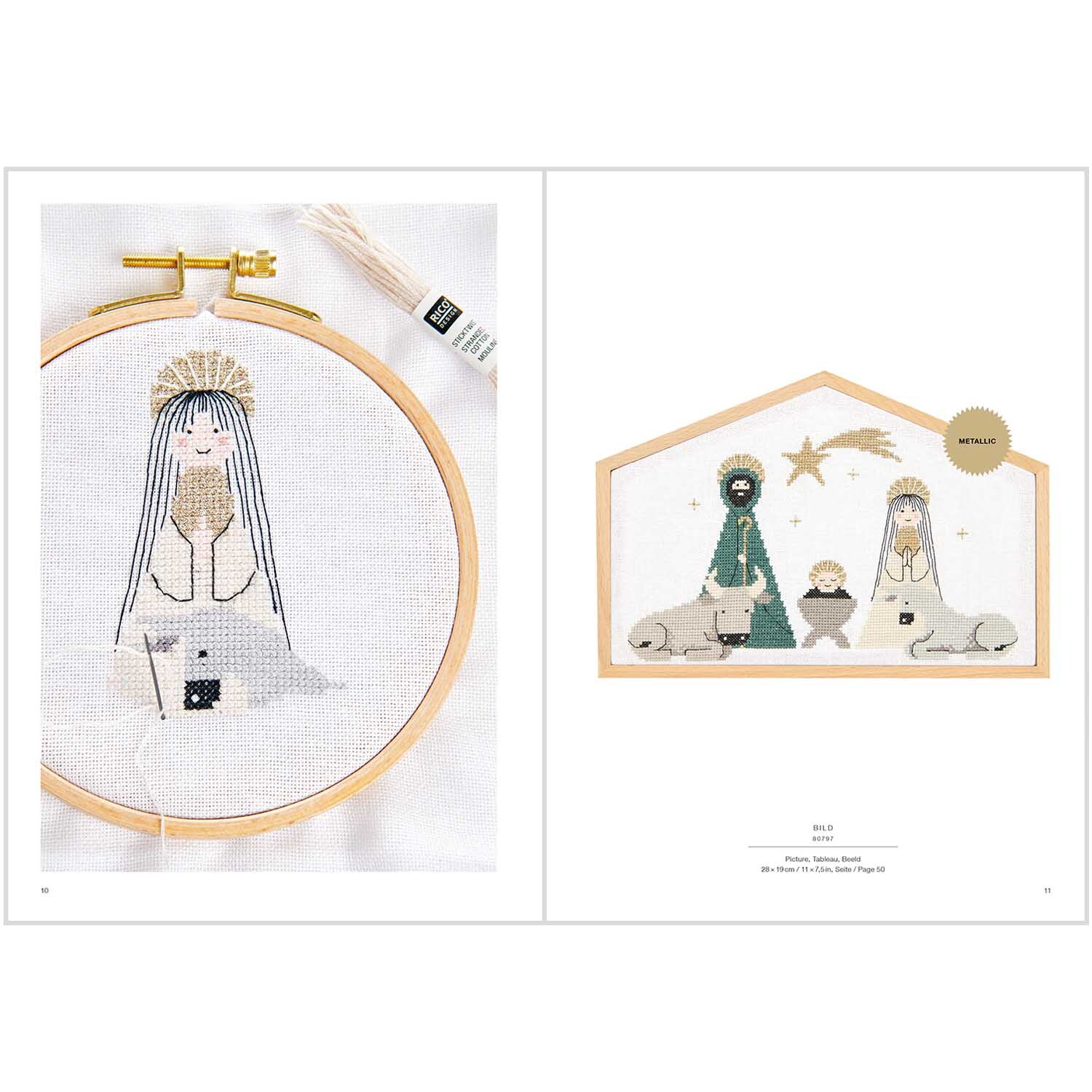 Stickbuch Christmas Joy Nr. 182 zeigt ein weihnachtliches Stickmuster mit Krippenszene von Rico Design.