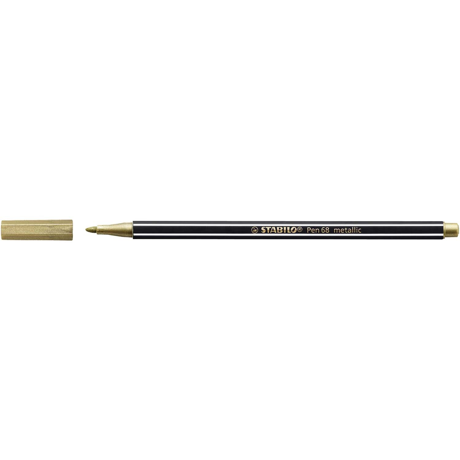 Pen 68 metallic von STABILO in Gold, abgebildet mit abgenommener Kappe auf weißem Hintergrund. Ideal für kreative Projekte.