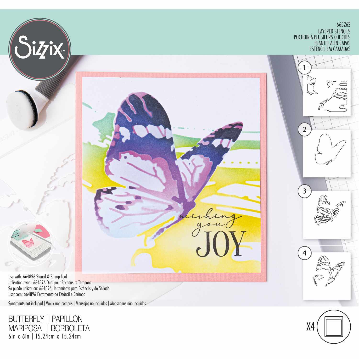 Layered Stencils Butterfly zeigt einen bunten Schmetterling auf einer Karte mit dem Text "Wishing you Joy", von Sizzix.