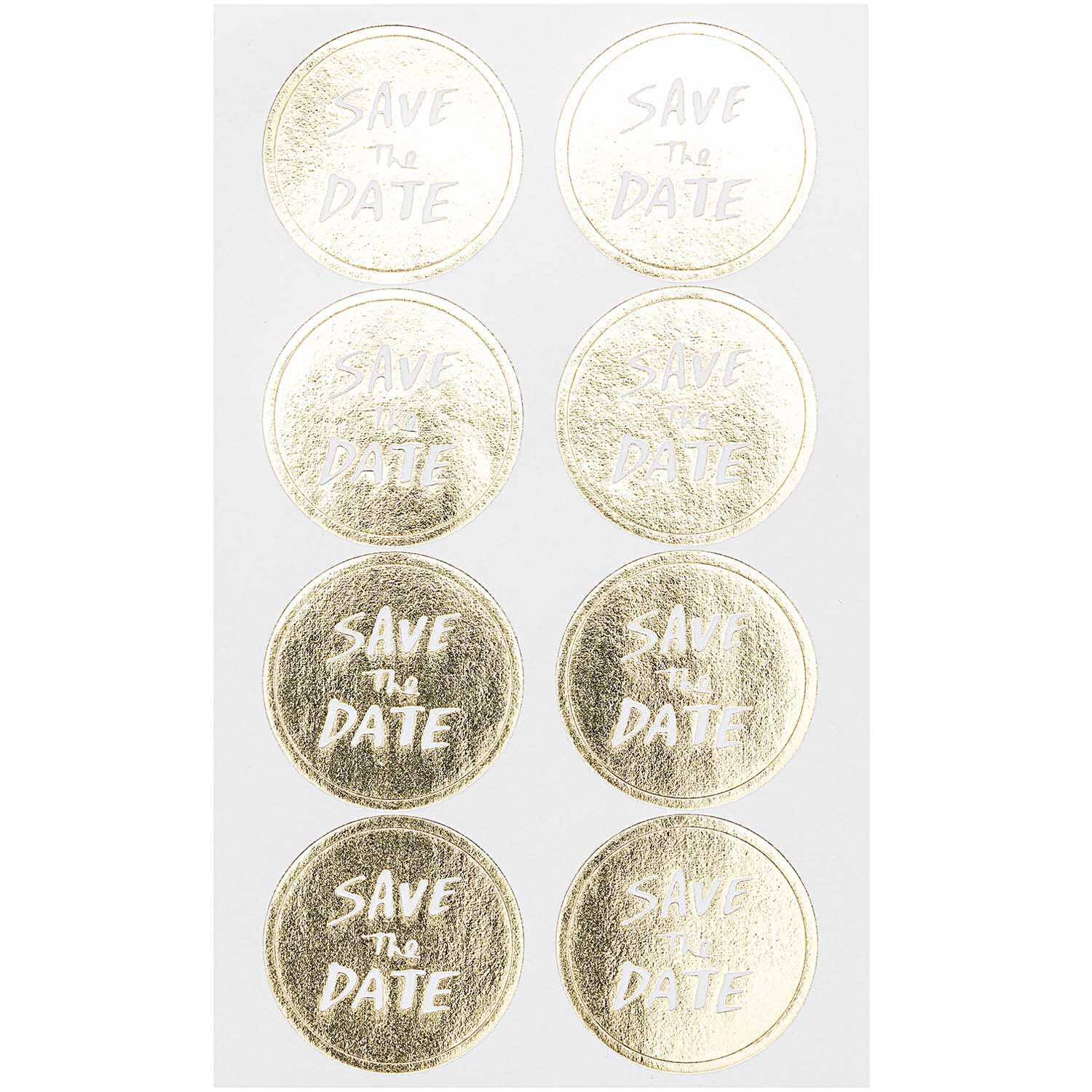 Paper Poetry Sticker Save the Date gold 4 Blatt: Acht runde, goldene Sticker mit der Aufschrift "Save the Date" auf weißem Hintergrund.