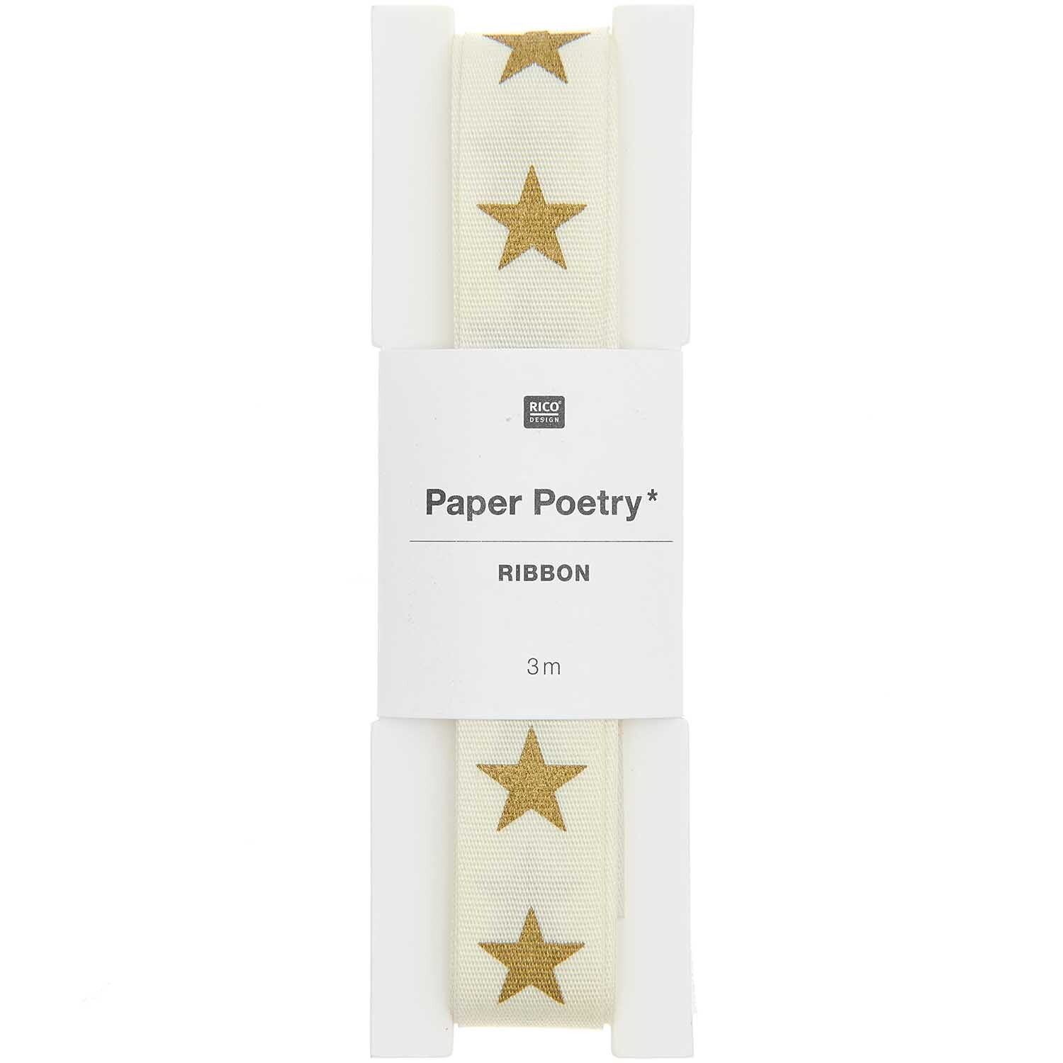 Paper Poetry Taftband Sterne mit goldenen Sternen auf offwhite Hintergrund, 3m Länge, ideal für Dekorationen.