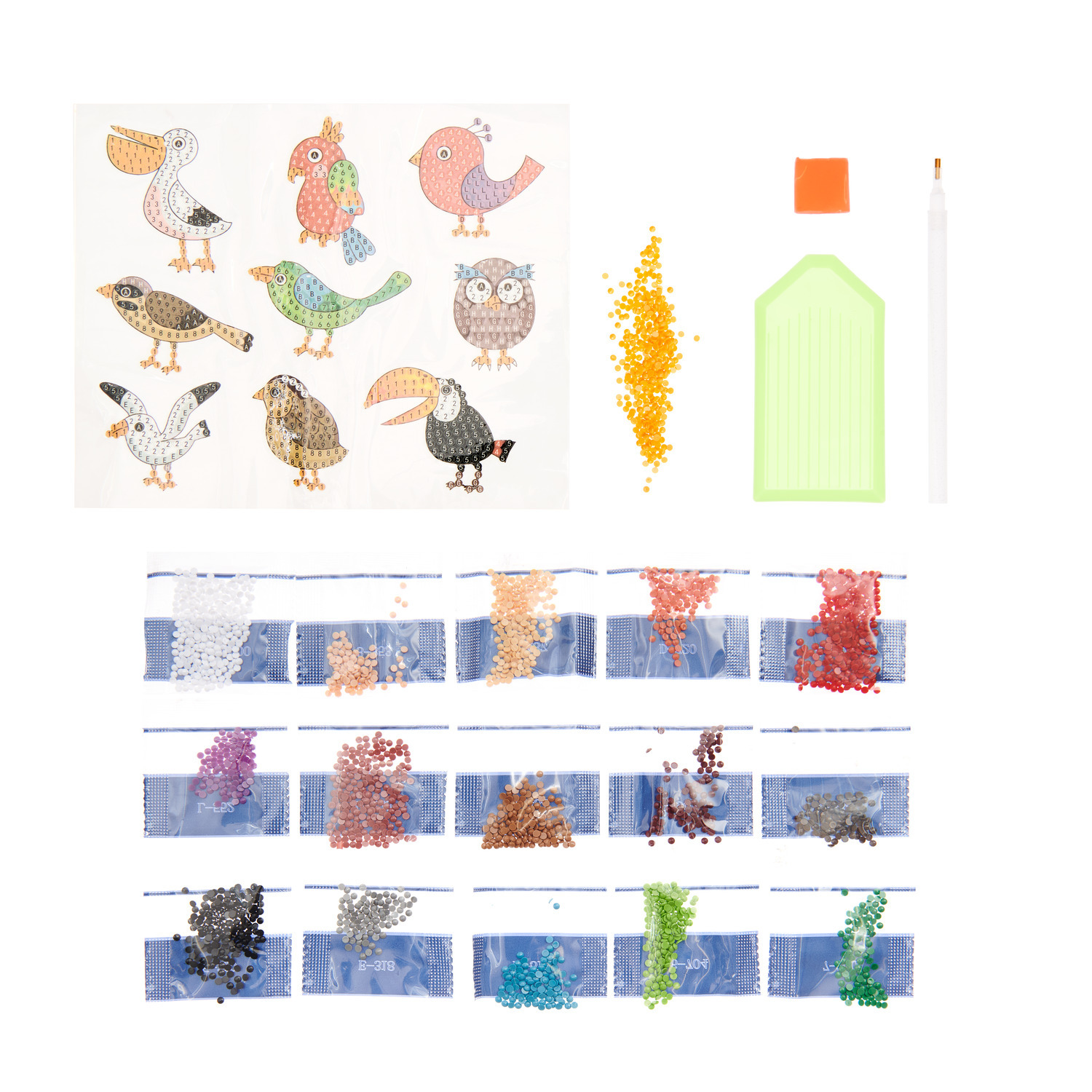 Diamond Painting Sticker Lustige Vögel: Set mit 9 bunten Vogelstickern, Perlen und Werkzeugen für kreatives Basteln. Ideal für DIY-Projekte.