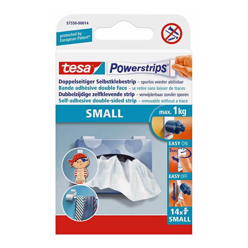 Powerstrips small 14 Stück von tesa, doppelseitiger Klebestreifen in weißer Verpackung, ideal für leichte Objekte.