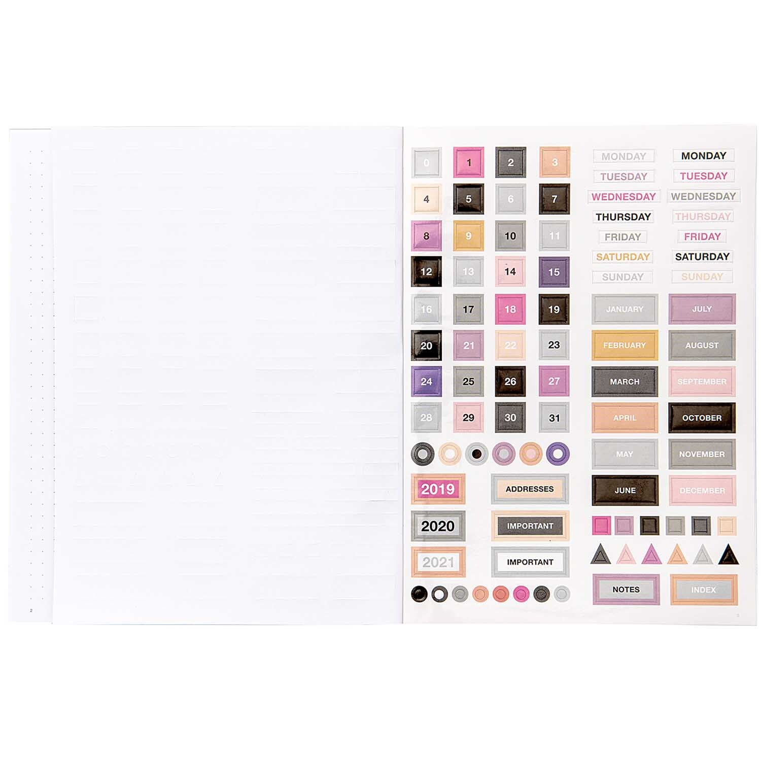 Paper Poetry Bullet Diary Softcover mit 80 Blättern, zeigt bunte Kalenderaufkleber und Notizseiten.
