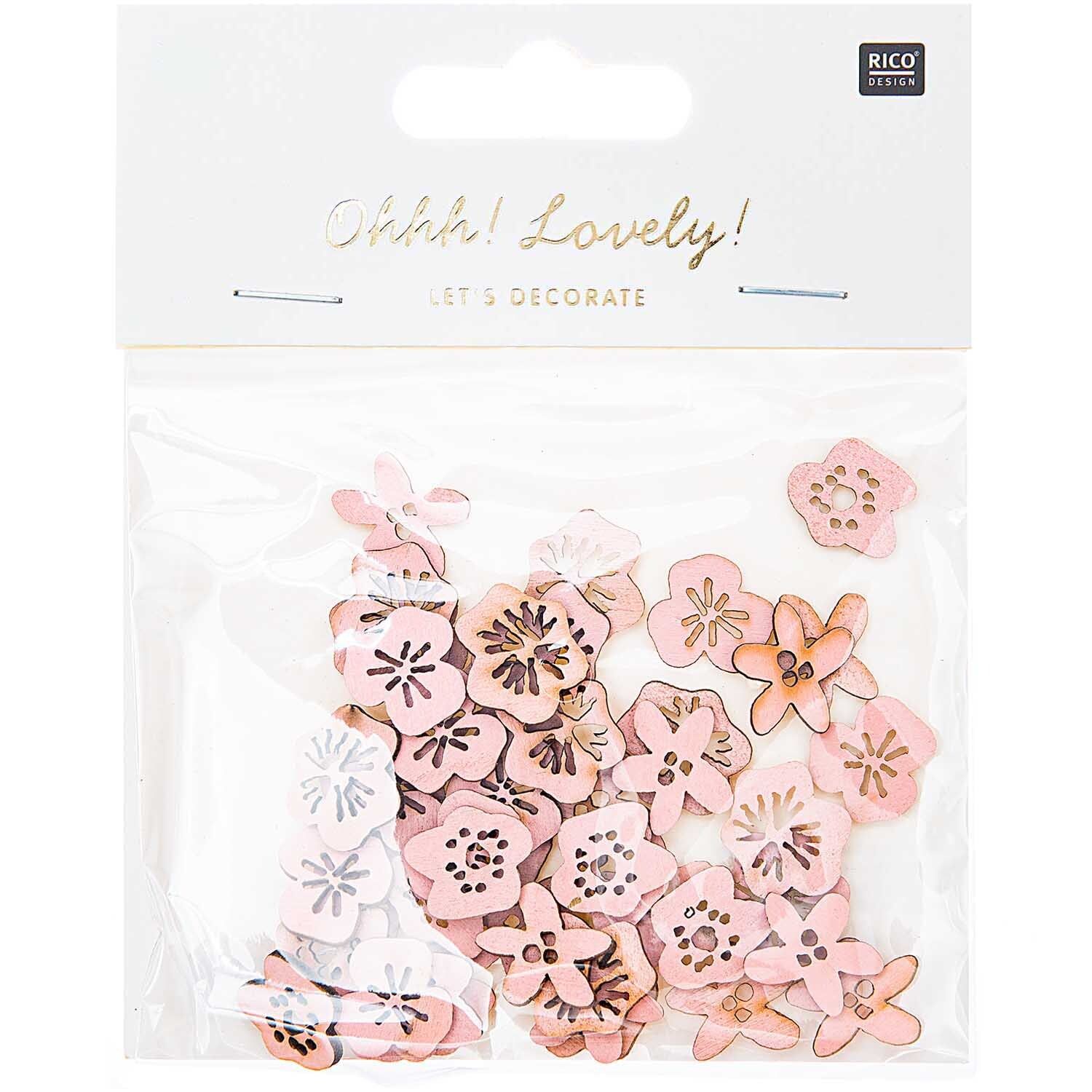 Holzstreu Blüte 48 Stück: Rosa Blüten aus Holz von Rico Design in einer transparenten Verpackung. Ideal für Dekorationen.