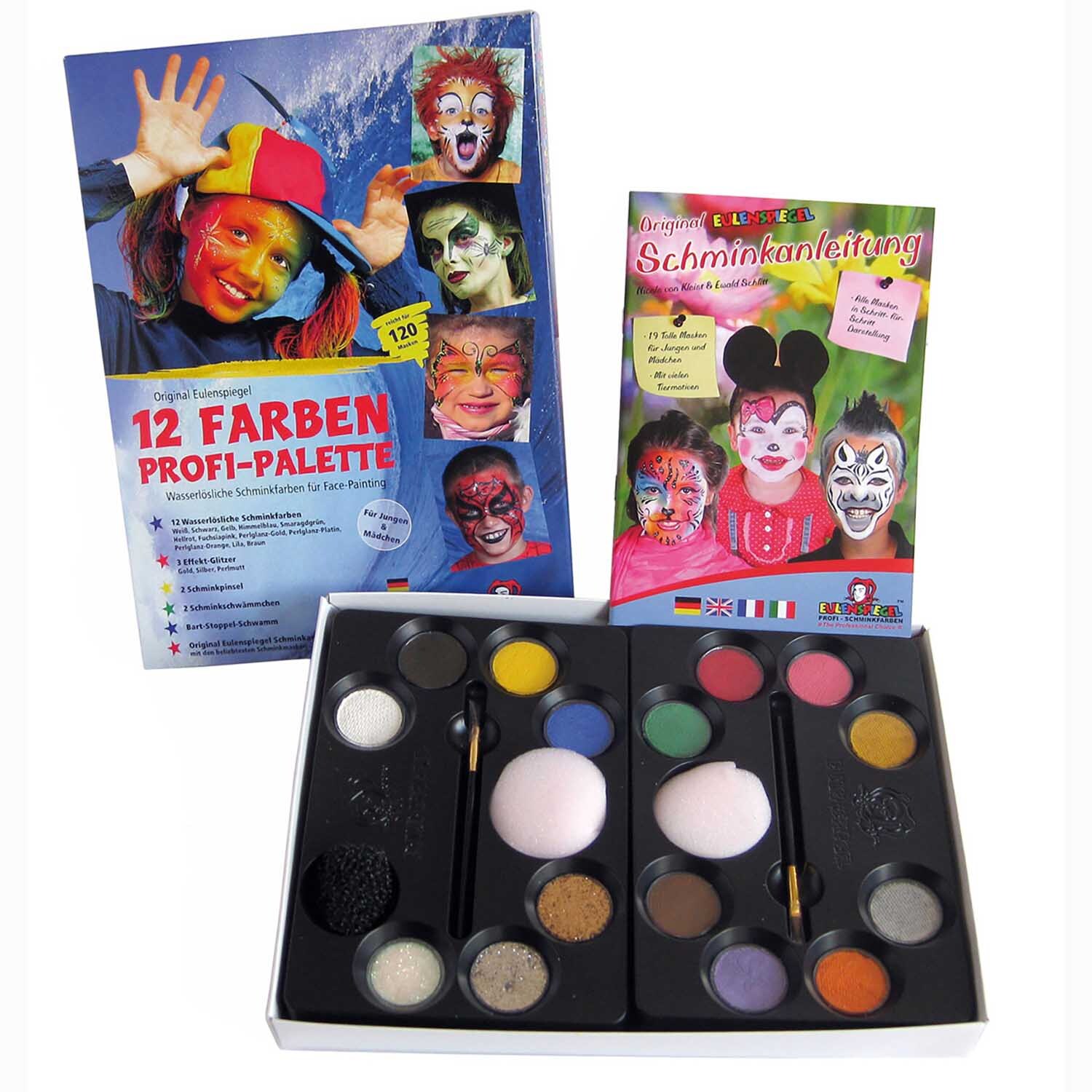 Profi Schminkpalette mit Effektfarben, ideal für kreative Gesichtsbemalung, inklusive Anleitung.