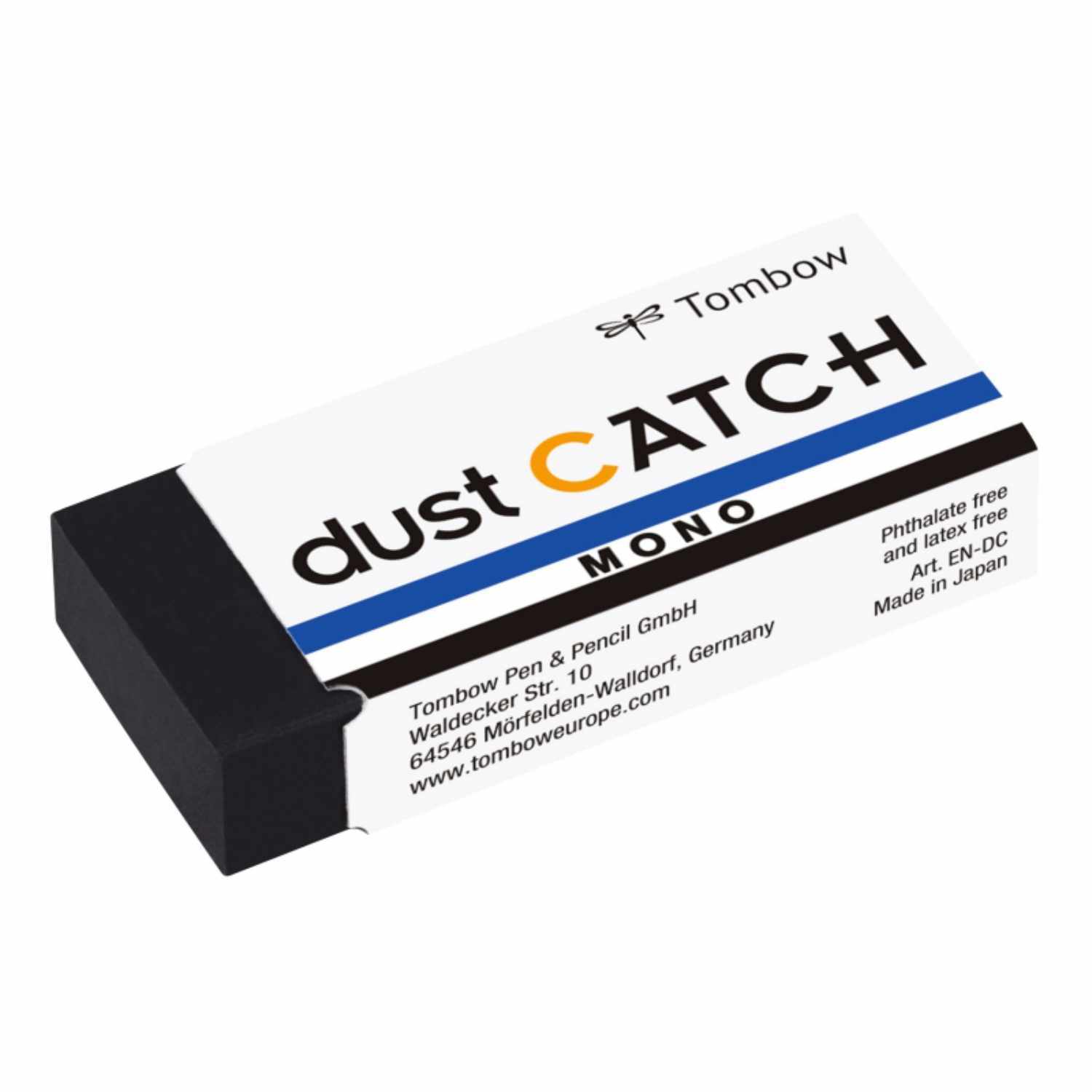 MONO Radiergummi Dust Catch von Tombow, schwarz-weiß, auf einer Verpackung mit blauen Akzenten.