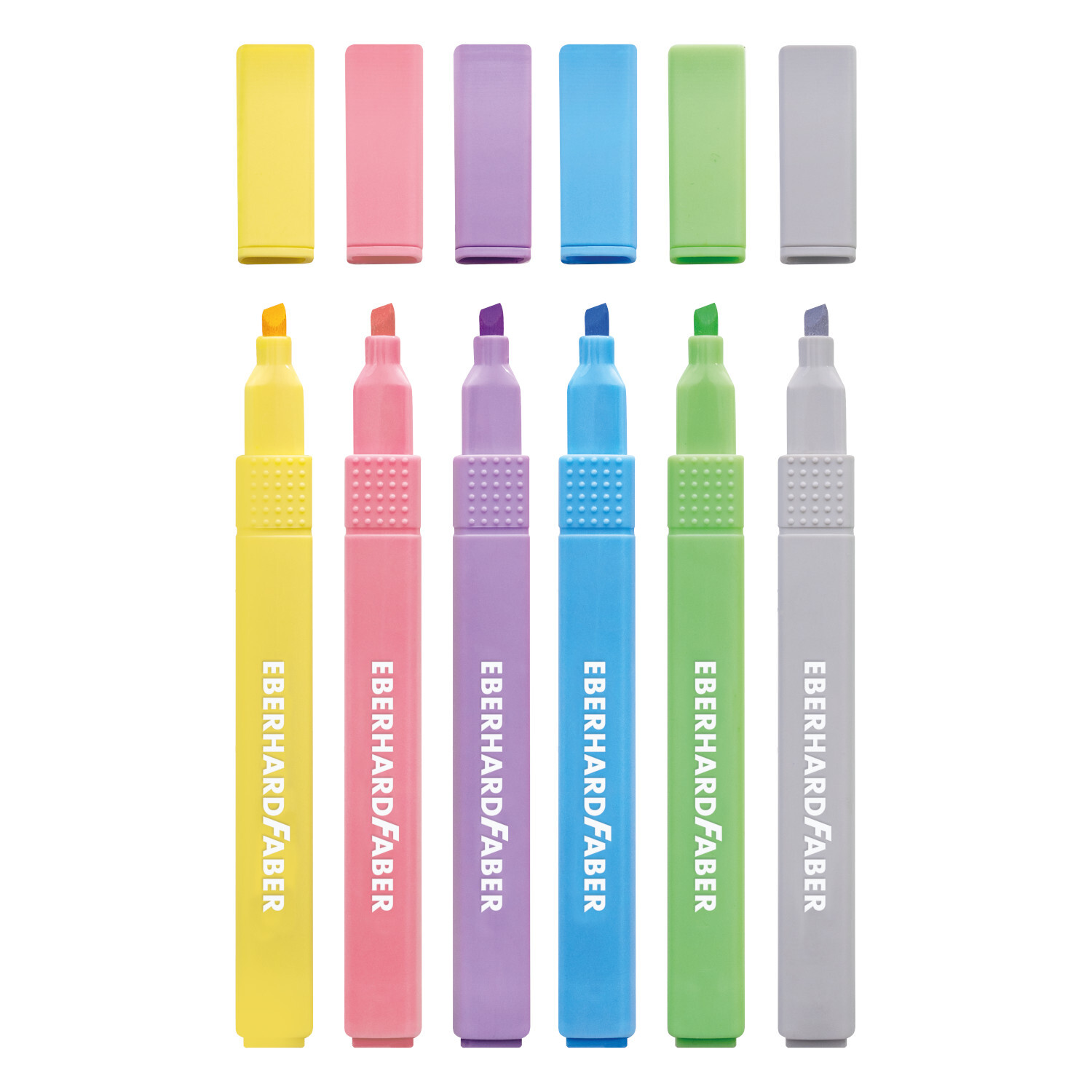 Textmarker Slim Natural Shades 6 Stück in Pastellfarben von Eberhard Faber, nebeneinander liegend.