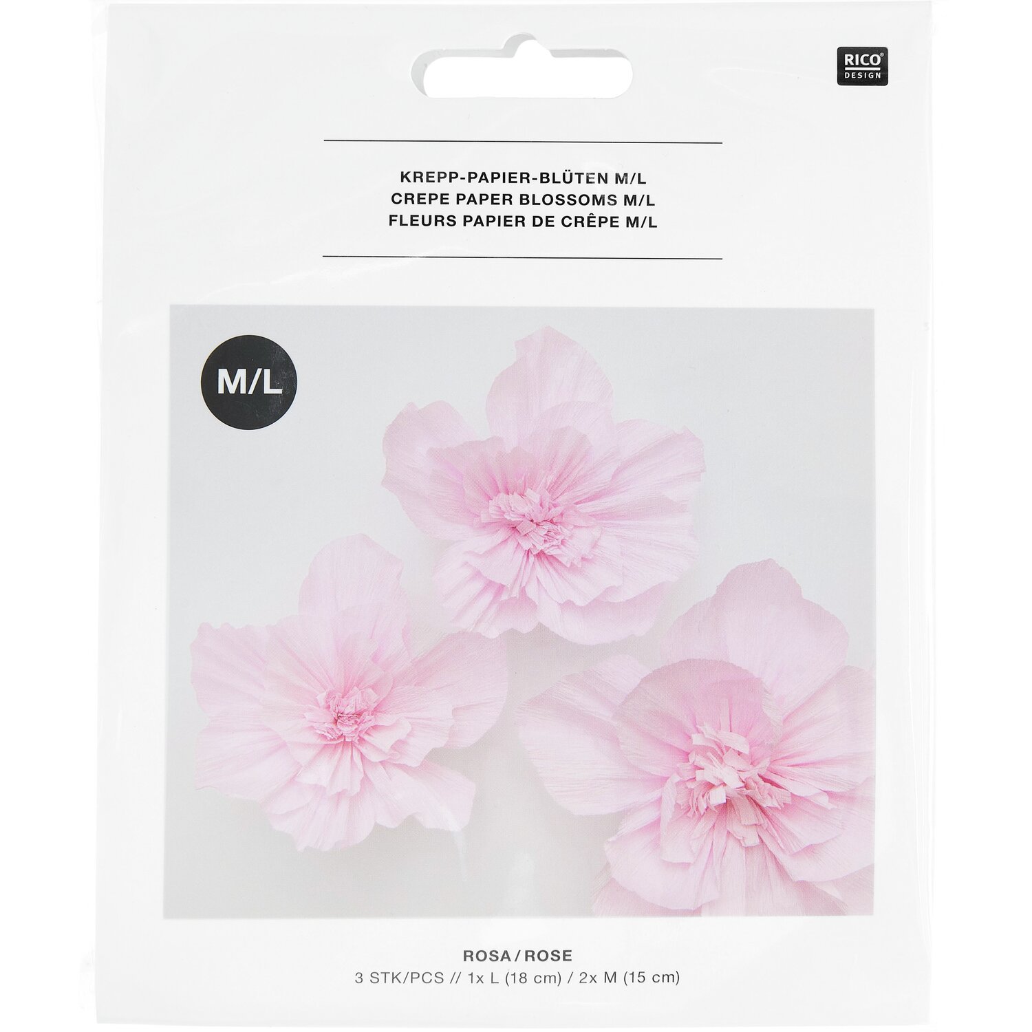 Krepppapier Blüten in Rosa von Rico Design, drei Stück, zeigen zarte, detailreiche Blüten.