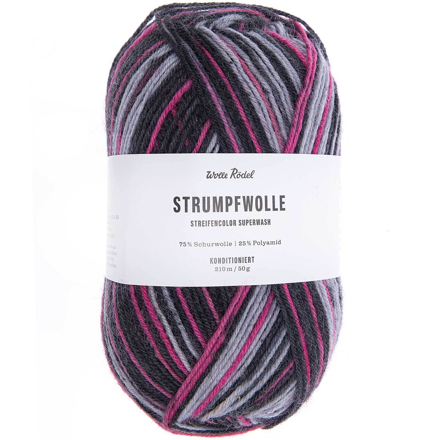 Strumpfwolle Streifencolor in Grau/Pink von Wolle Rödel, 50g Knäuel, ideal für kreative Strickprojekte.