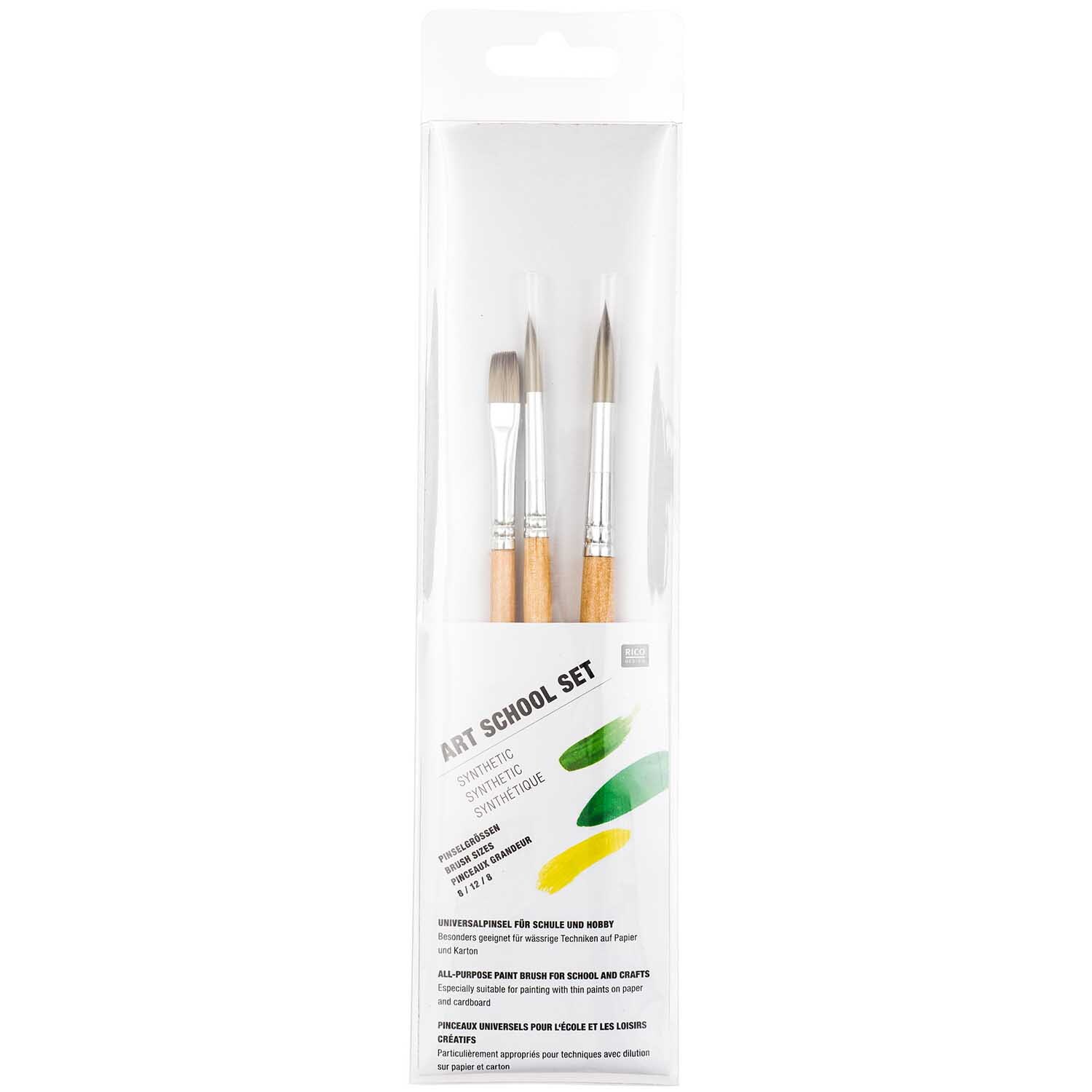 Pinsel Art School Synthetic Set Mix, 3-teilig von Rico Design, in Verpackung mit grünen und gelben Farbmuster. Ideal für Kunstprojekte.