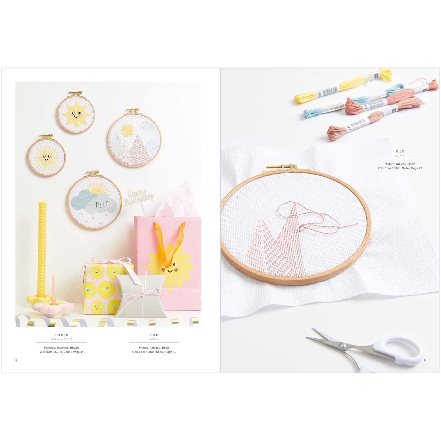 Stickbuch Happy Baby Nr. 179 zeigt fröhliche Stickmotive mit Bergen und Sonne, präsentiert von Rico Design. Ideal für kreative Babyprojekte.