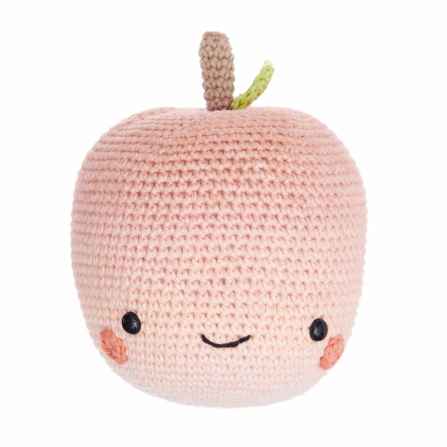 Häkelset Apfel aus Ricorumi Fresh Friends: Ein gehäkelter Apfel mit Gesicht und Stiel in sanften Pastelltönen.