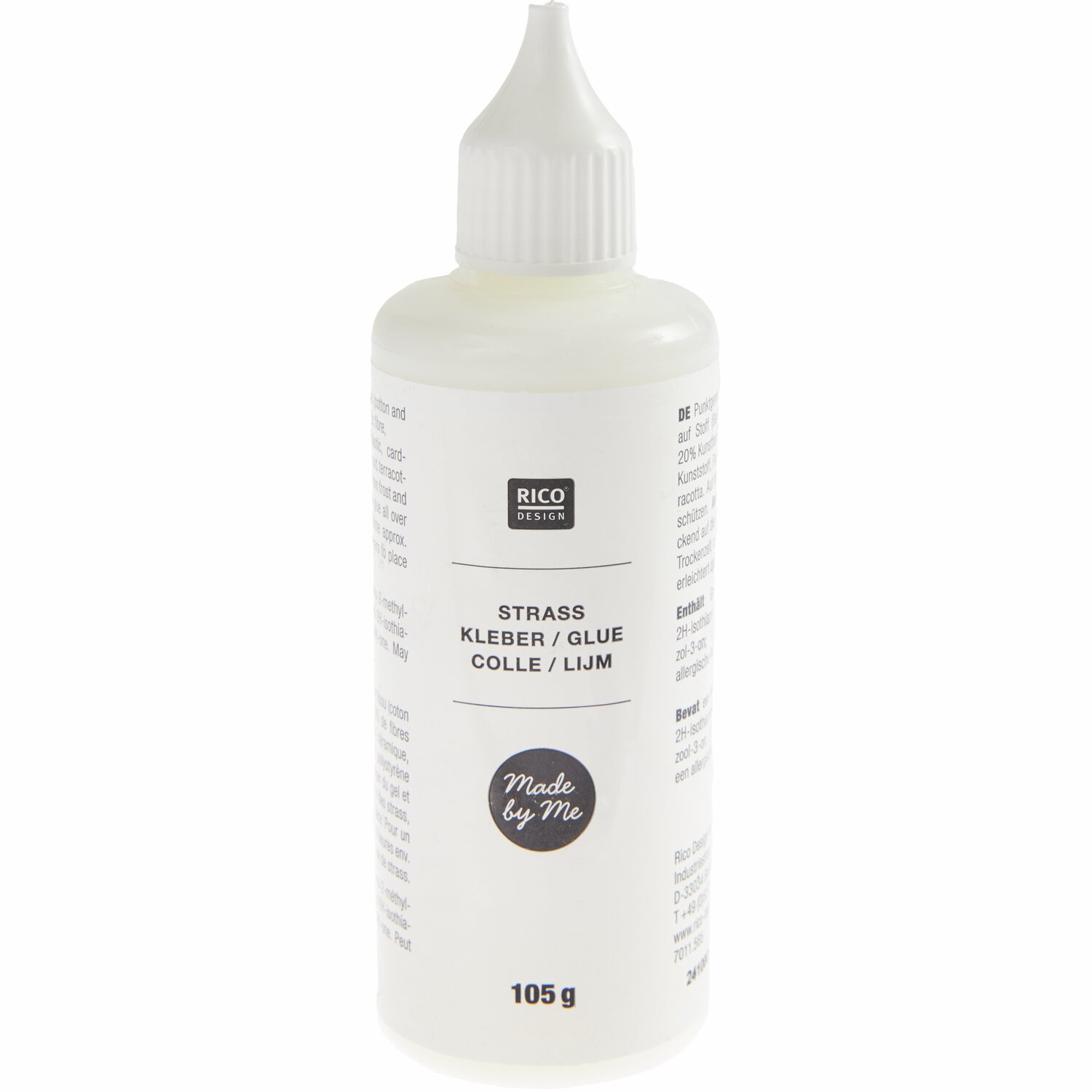 Strasskleber transparent von Rico Design, 105 g Flasche, ideal für kreative Bastelprojekte.