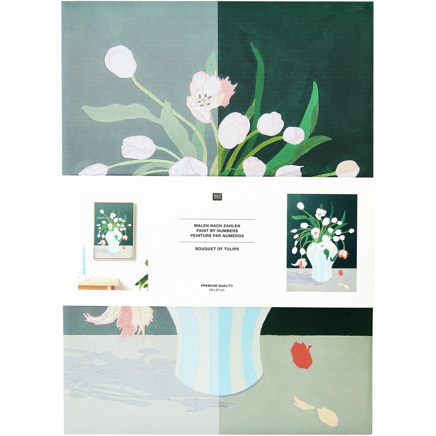 Malen nach Zahlen Tulpen Bouqet zeigt ein elegantes Tulpenarrangement in einer Vase, ideal für kreative Projekte. Größe: 26x37cm. Marke: Rico Design.