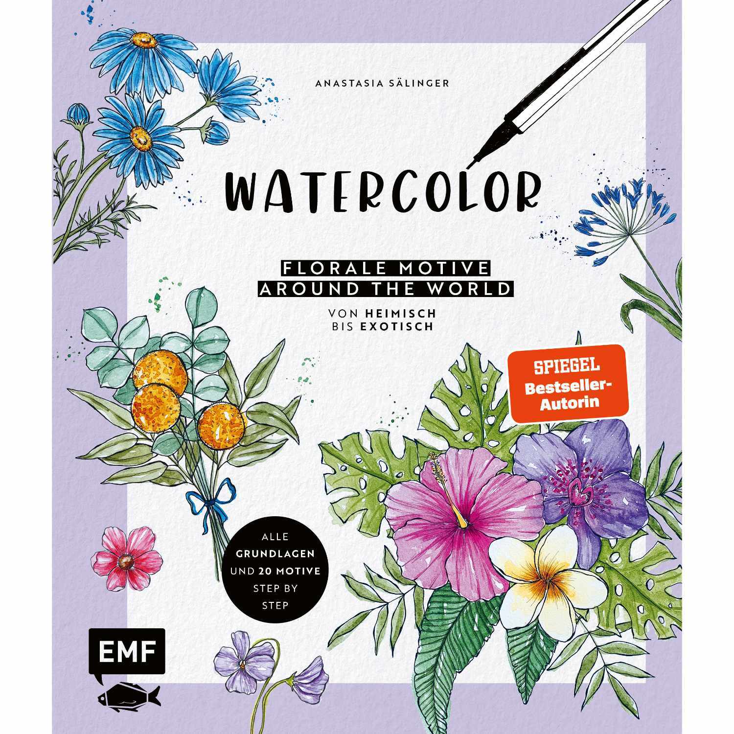 Watercolor - Florale Motive Around The World: Buchcover mit bunten Blumenillustrationen und EMF-Logo.