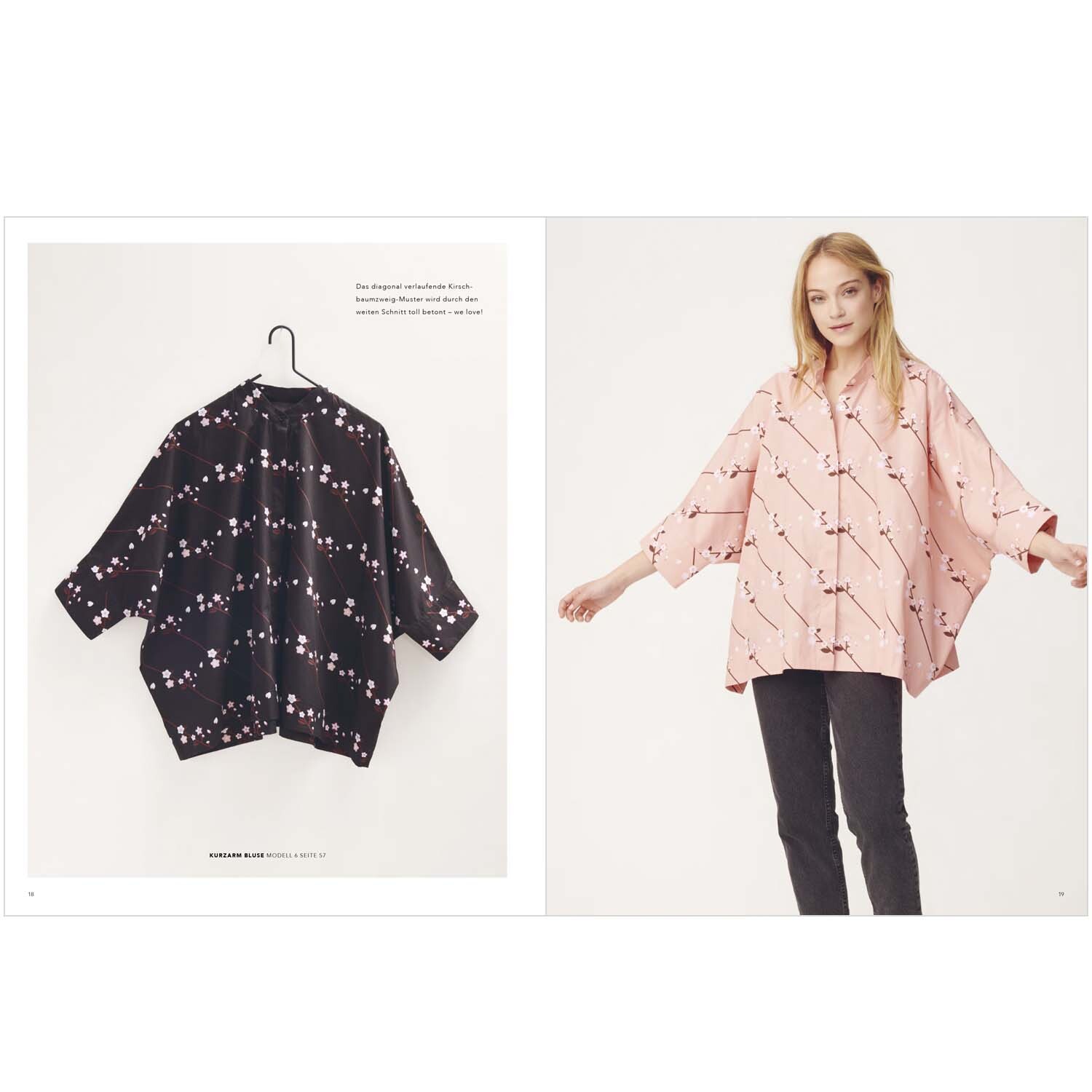 Das Rico Nähbuch Sakura Sakura zeigt ein Modell in einer rosa Bluse mit Kirschblütenmuster und eine schwarze Bluse auf einem Bügel.