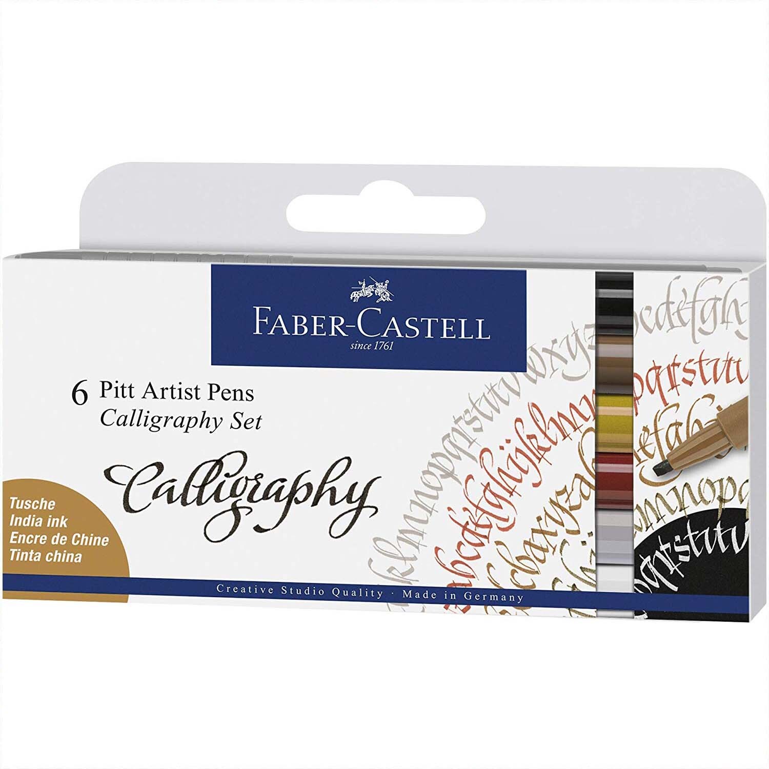 Tuschestift Pitt Artist Pen Calligraphy 6 Stück von Faber Castell in einer mehrfarbigen Verpackung.