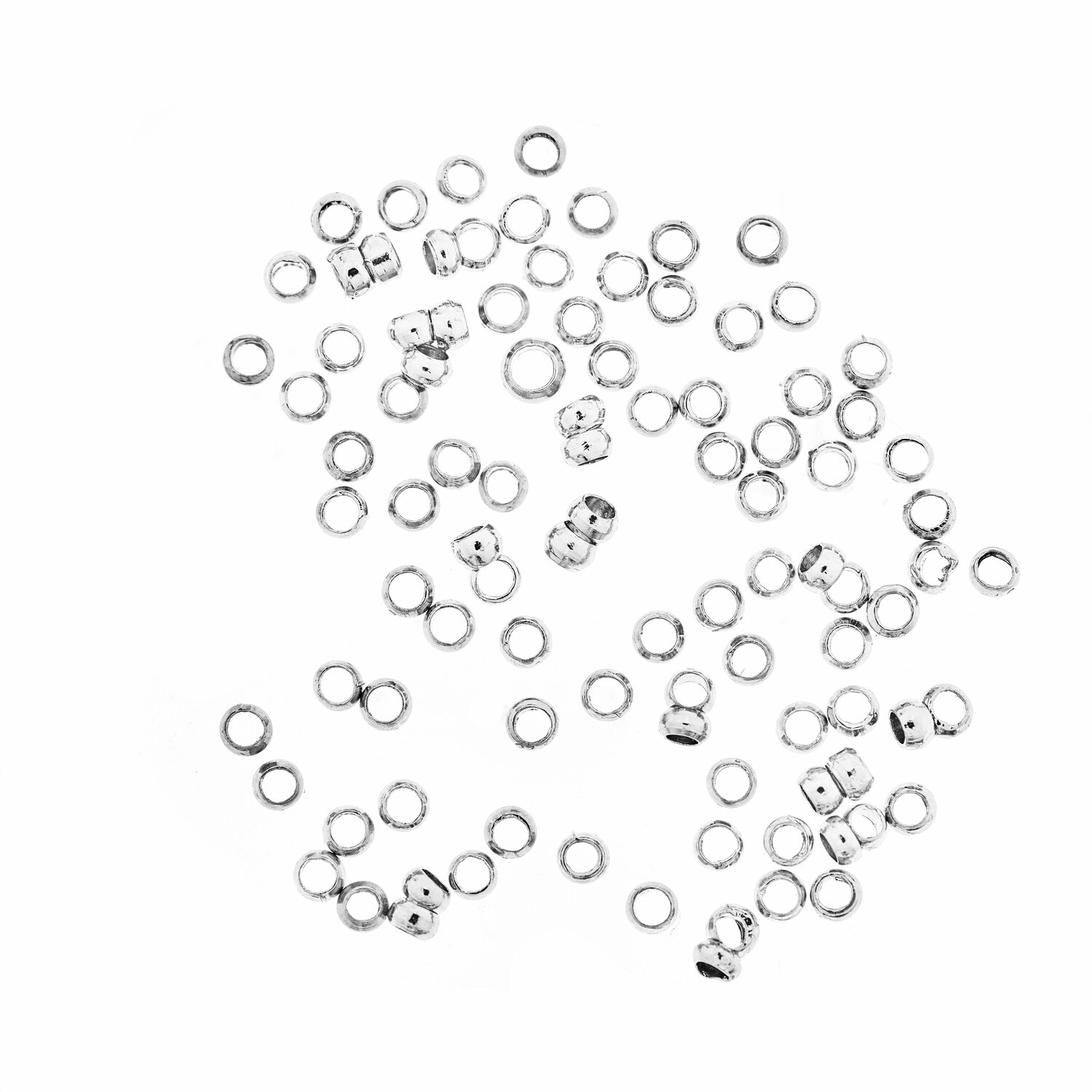 QuetschPerle silber 2mm 100 Stück, ideal für Schmuckherstellung. Kleine, runde Perlen in glänzendem Silber von Rico Design.
