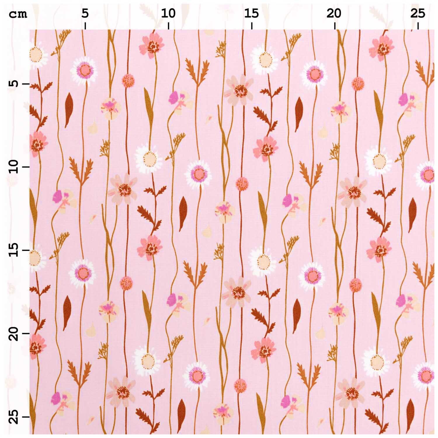 Stoffabschnitt Druckstoff Wildblumen rosa 50x140cm mit zarten Blumenmustern auf rosa Hintergrund von Rico Design.