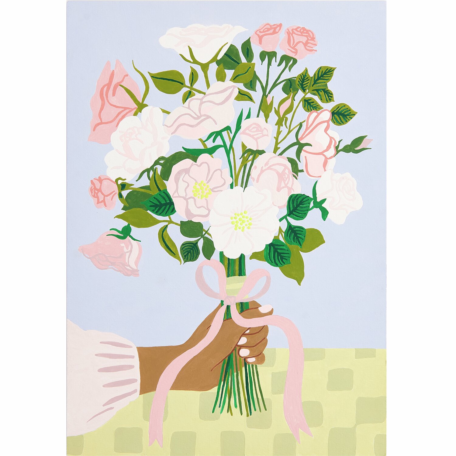 Malen nach Zahlen Rosen Bouqet: Hand hält einen Rosenstrauß mit rosa und weißen Blüten, 26x37cm.