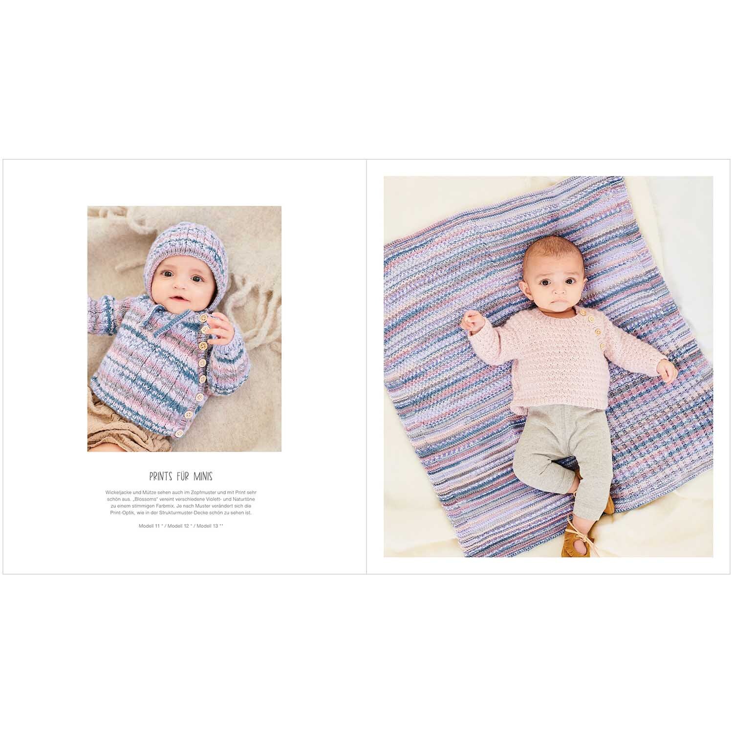 Rico Baby Heft Nr.38 zeigt Babys in gestrickter Kleidung auf einer pastellfarbenen Decke. Ideal für kreative Strickideen.