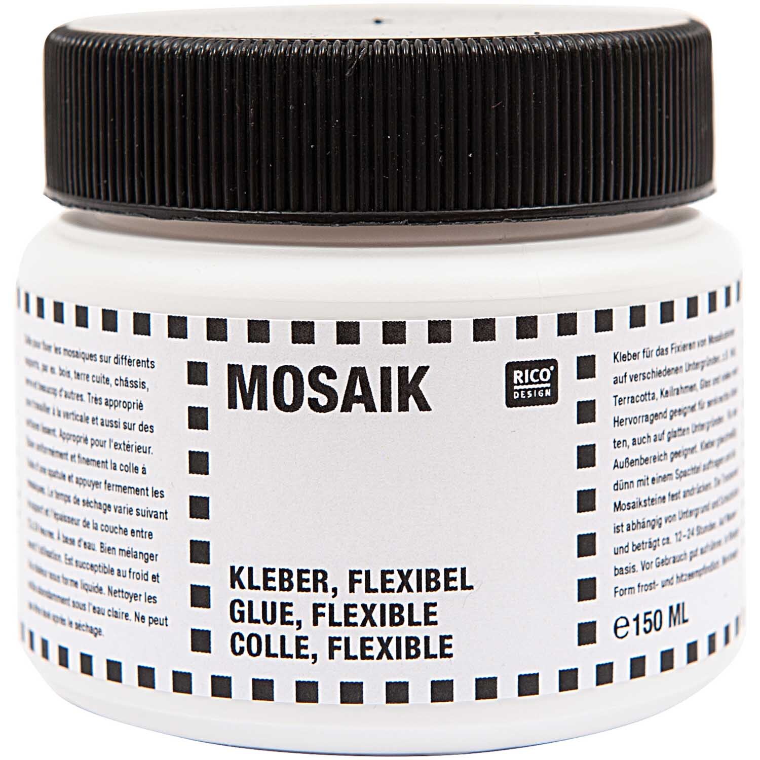 Mosaikkleber flexibel 150ml von Rico Design in einem weißen Behälter mit schwarzem Deckel.