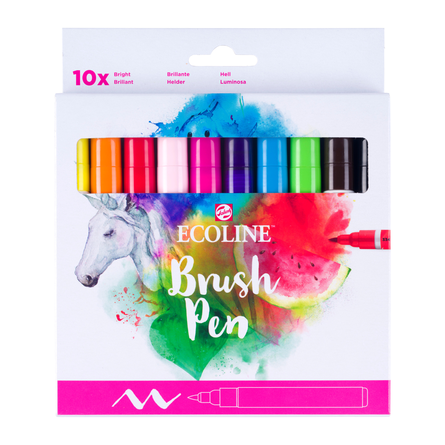 Ecoline Brush Pen Set Helltöne, 10 Stück, mit leuchtenden Farben in einer dekorativen Verpackung.
